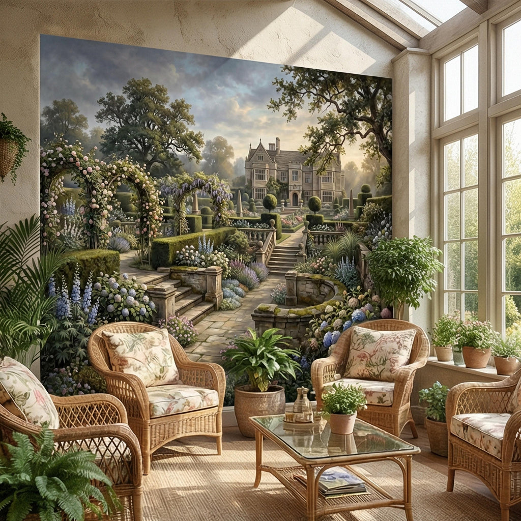 English Manor Garden Peel and Stick Wall Mural, Romantic Country Estate Rose Arbor Botanical Landscape Wallpaper