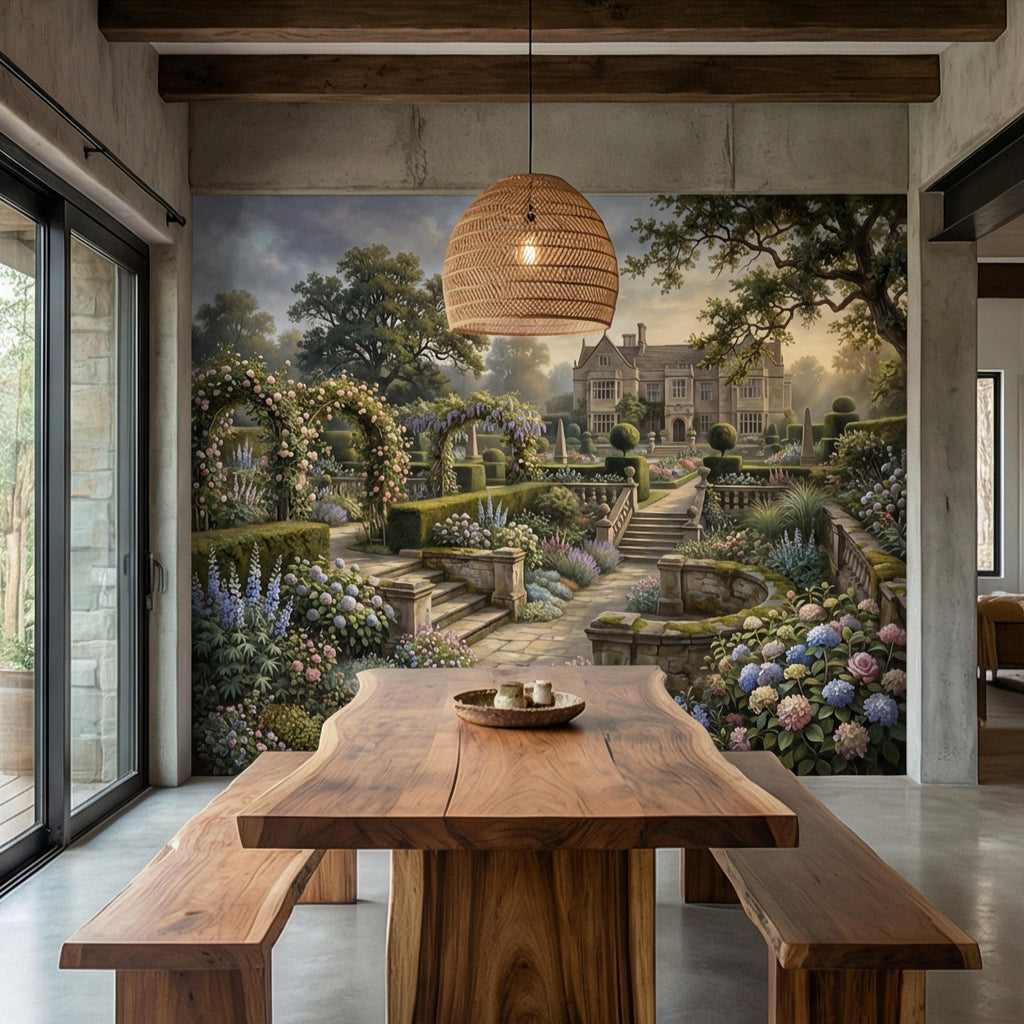 English Manor Garden Peel and Stick Wall Mural, Romantic Country Estate Rose Arbor Botanical Landscape Wallpaper