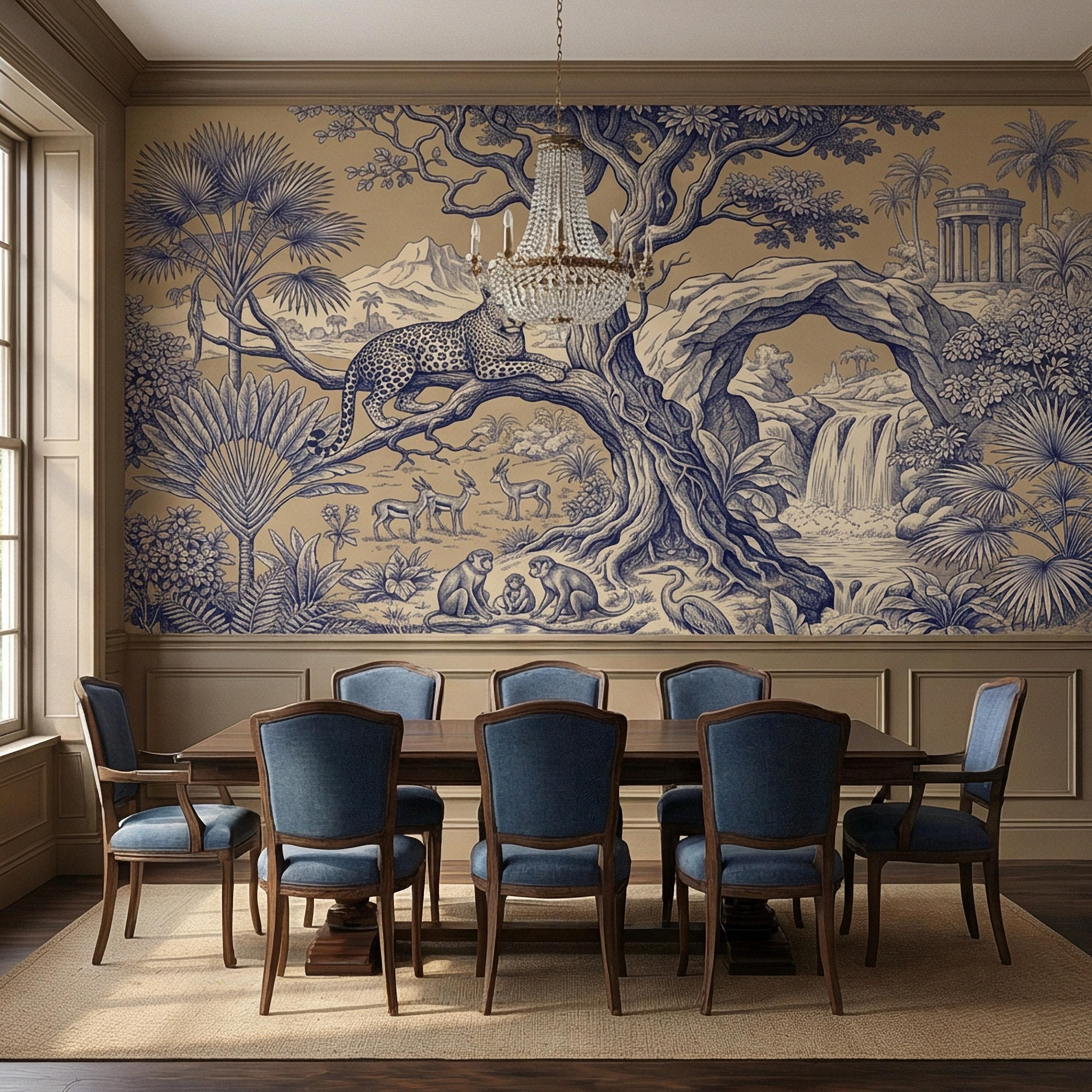 Safari Toile Peel and Stick Wall Mural, Leopard Jungle Landscape, Monkeys Gazelles Waterfall Palm Tree, Blue Beige Vintage Scenic Wallpaper