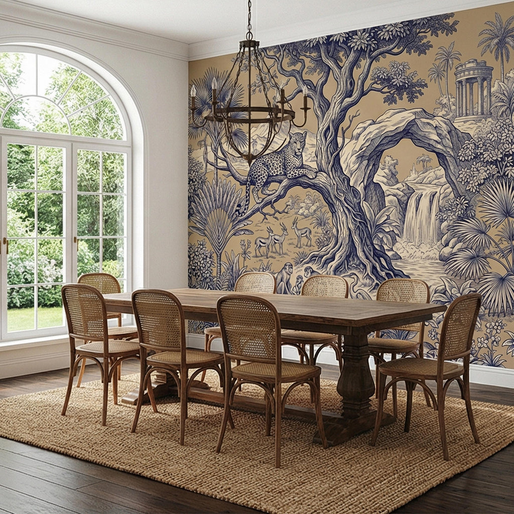 Safari Toile Peel and Stick Wall Mural, Leopard Jungle Landscape, Monkeys Gazelles Waterfall Palm Tree, Blue Beige Vintage Scenic Wallpaper