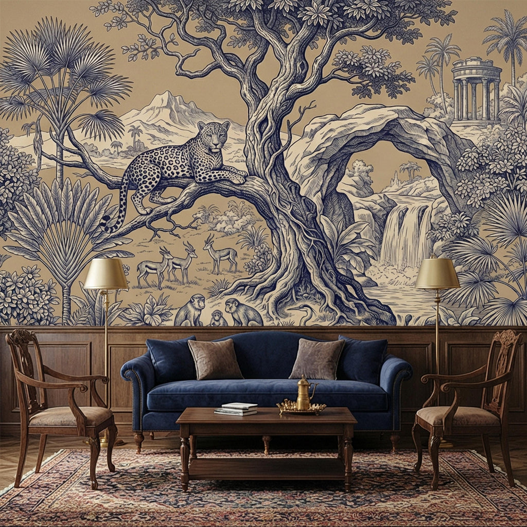 Safari Toile Peel and Stick Wall Mural, Leopard Jungle Landscape, Monkeys Gazelles Waterfall Palm Tree, Blue Beige Vintage Scenic Wallpaper