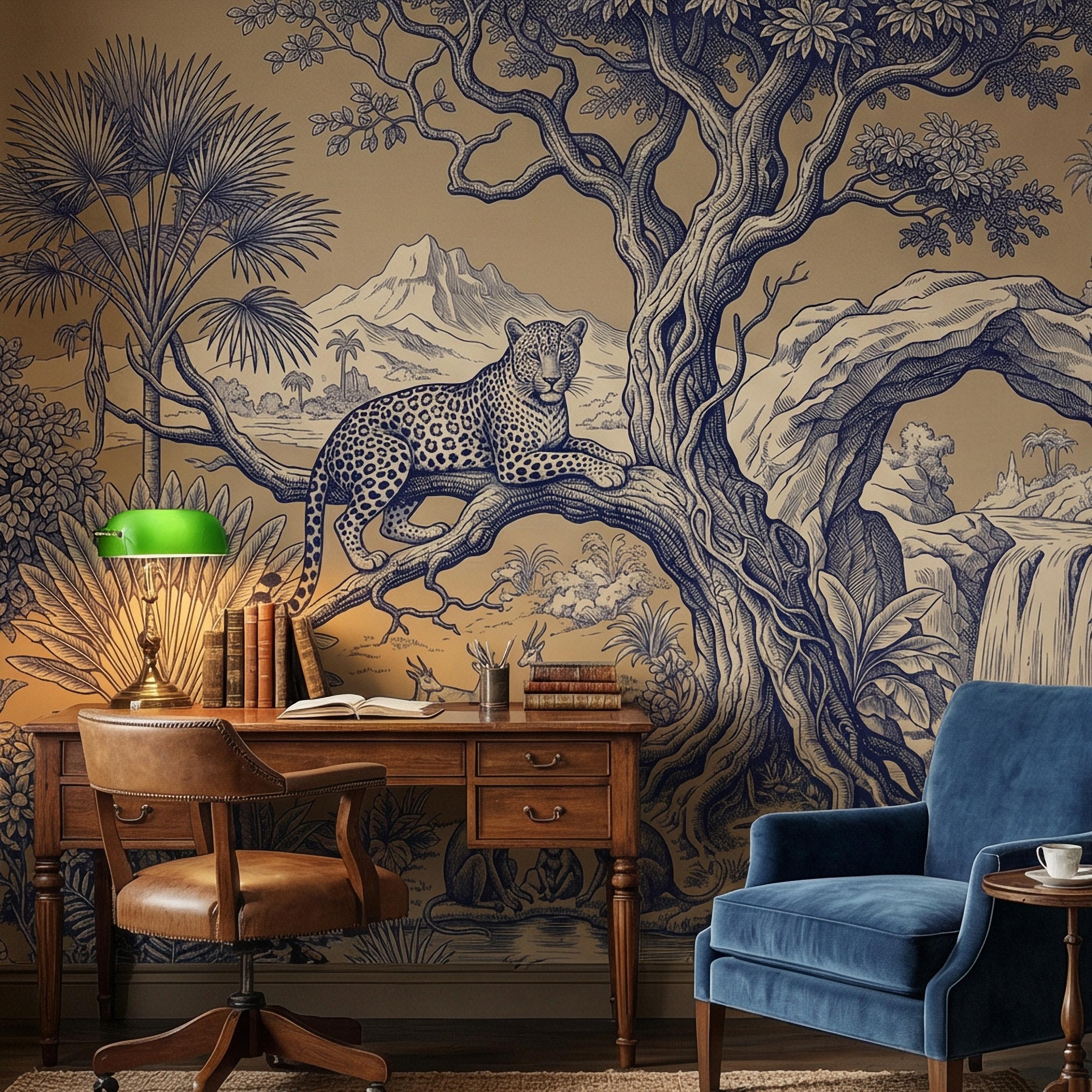 Safari Toile Peel and Stick Wall Mural, Leopard Jungle Landscape, Monkeys Gazelles Waterfall Palm Tree, Blue Beige Vintage Scenic Wallpaper