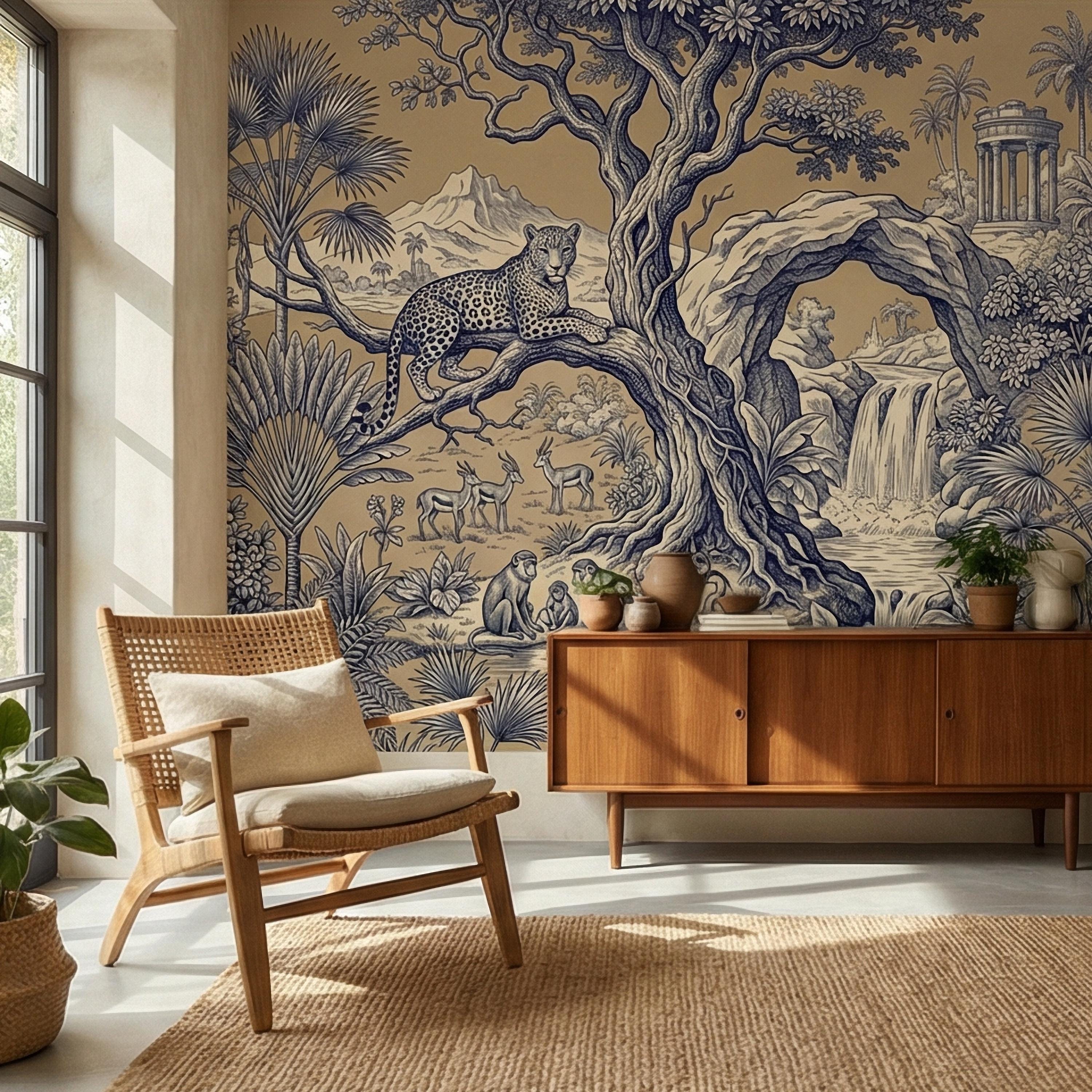 Safari Toile Peel and Stick Wall Mural, Leopard Jungle Landscape, Monkeys Gazelles Waterfall Palm Tree, Blue Beige Vintage Scenic Wallpaper