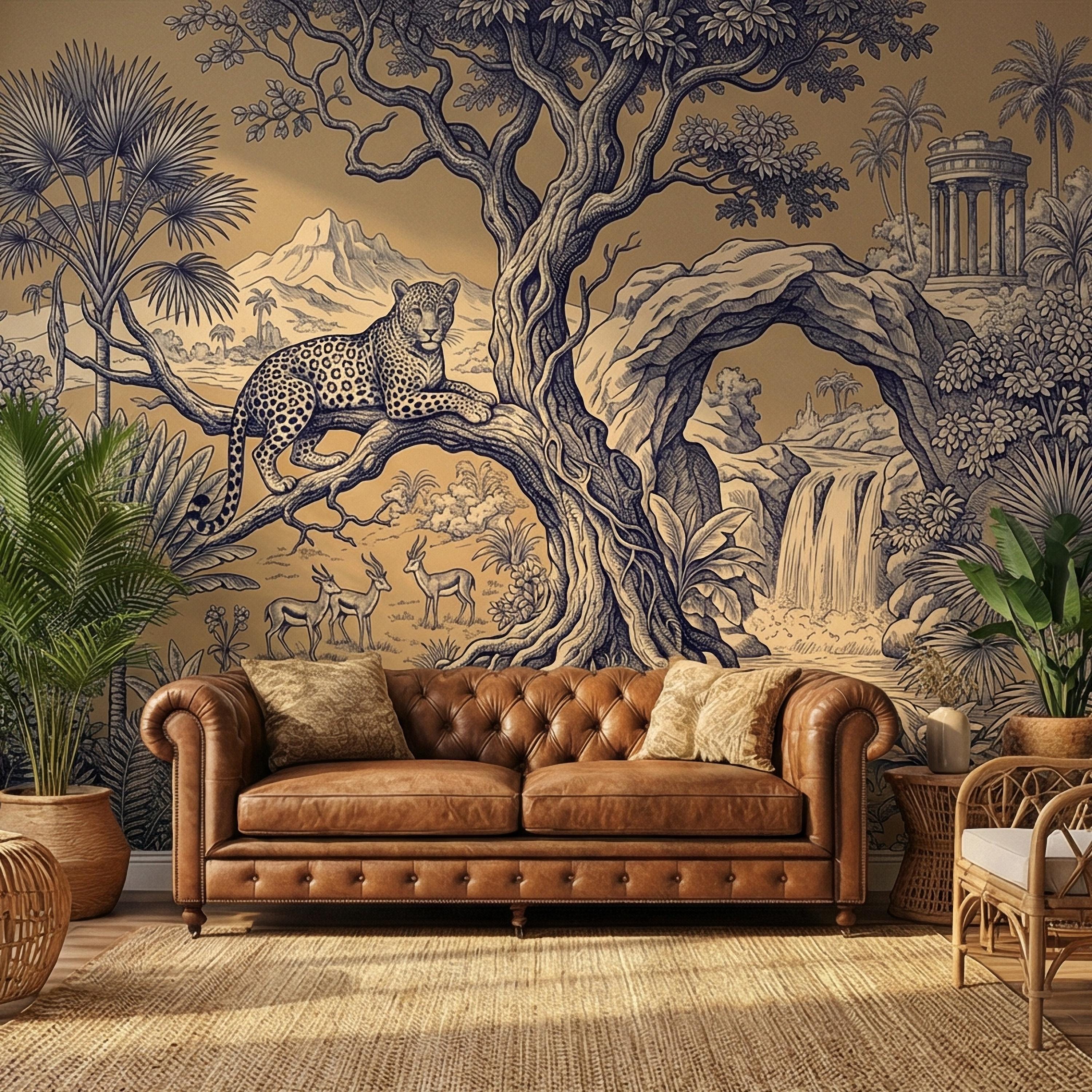 Safari Toile Peel and Stick Wall Mural, Leopard Jungle Landscape, Monkeys Gazelles Waterfall Palm Tree, Blue Beige Vintage Scenic Wallpaper