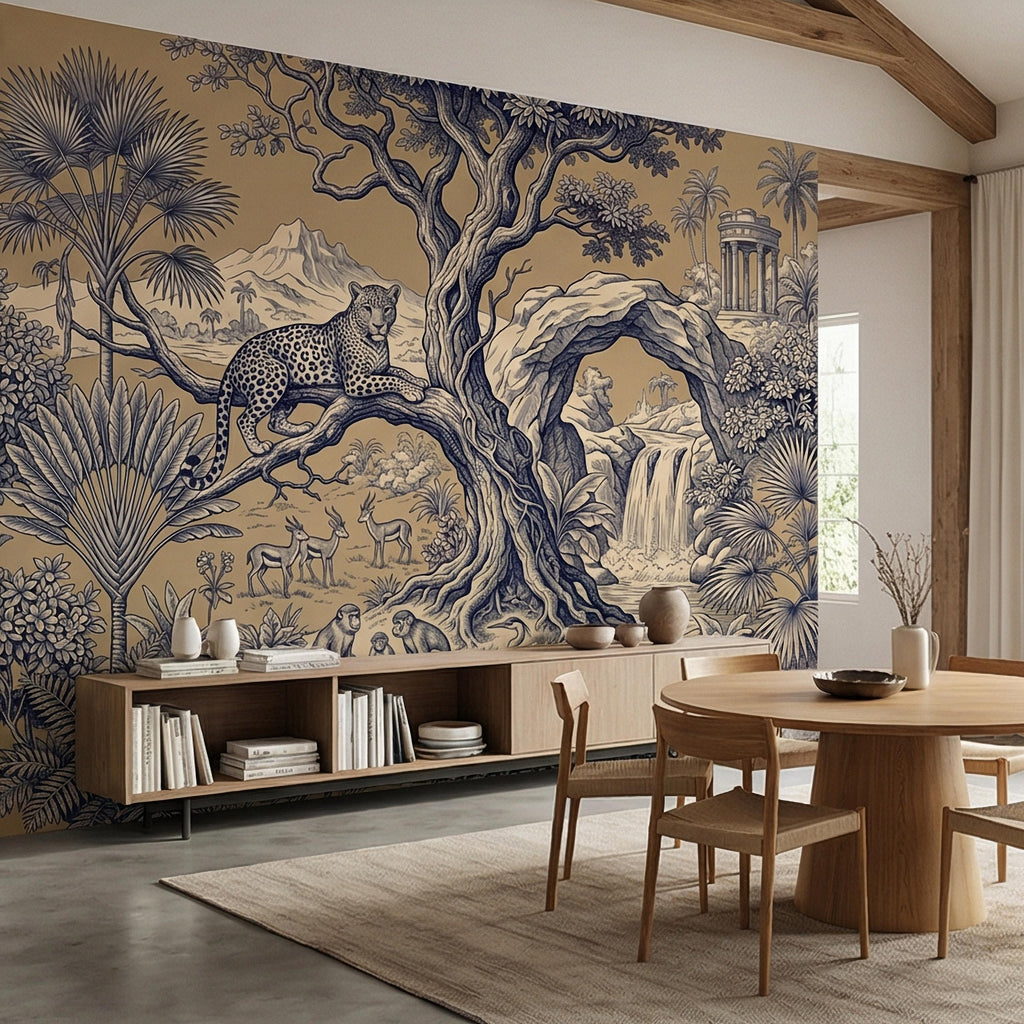 Safari Toile Peel and Stick Wall Mural, Leopard Jungle Landscape, Monkeys Gazelles Waterfall Palm Tree, Blue Beige Vintage Scenic Wallpaper