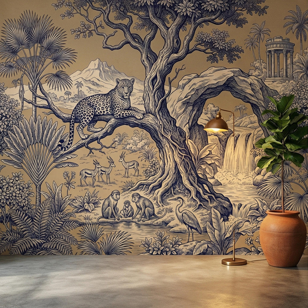 Safari Toile Peel and Stick Wall Mural, Leopard Jungle Landscape, Monkeys Gazelles Waterfall Palm Tree, Blue Beige Vintage Scenic Wallpaper