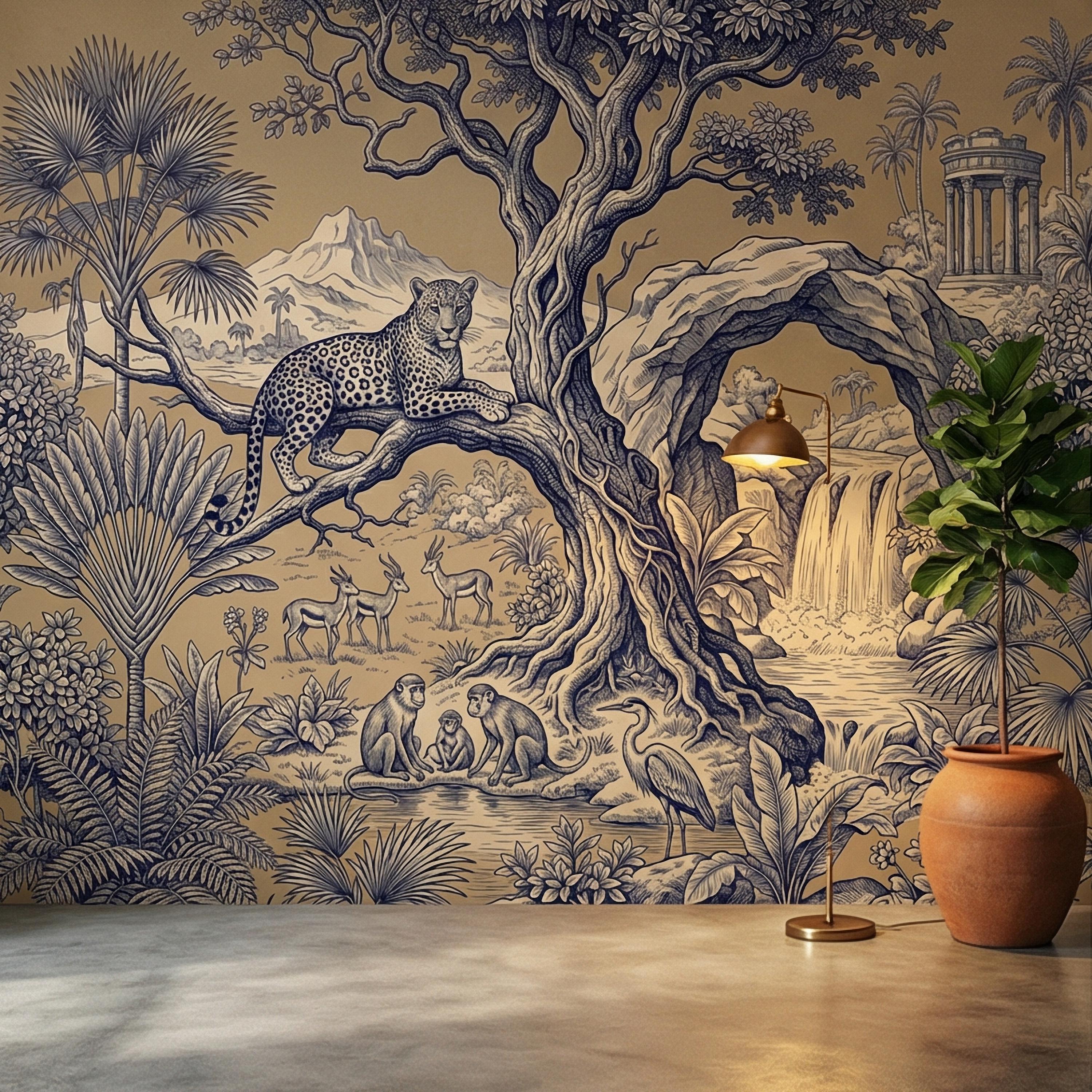 Safari Toile Peel and Stick Wall Mural, Leopard Jungle Landscape, Monkeys Gazelles Waterfall Palm Tree, Blue Beige Vintage Scenic Wallpaper