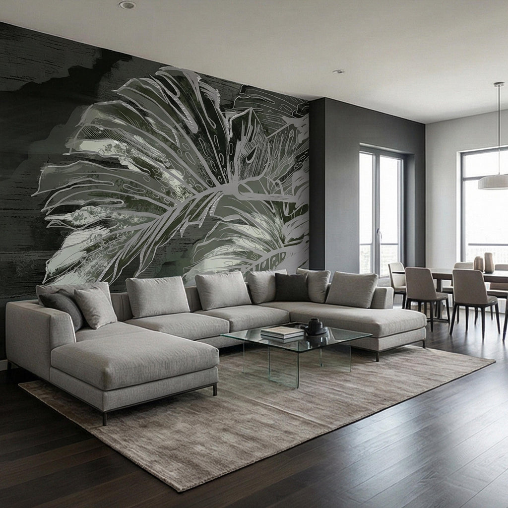 Abstract Tropical Monstera Leaf Peel and Stick Wall Mural, Moody Sage Green Botanical, Dark Charcoal Painterly Modern Tropical Wallpaper