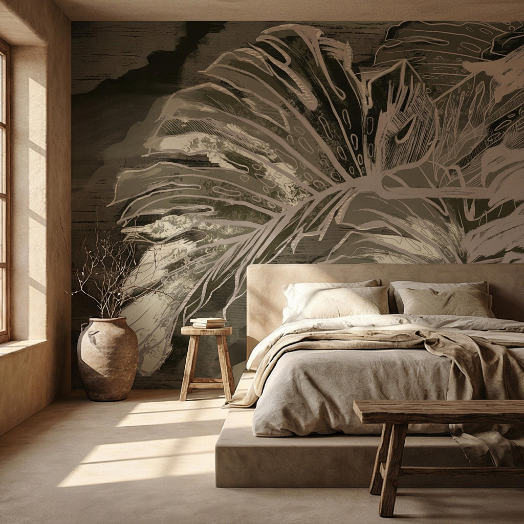Abstract Tropical Monstera Leaf Peel and Stick Wall Mural, Moody Sage Green Botanical, Dark Charcoal Painterly Modern Tropical Wallpaper