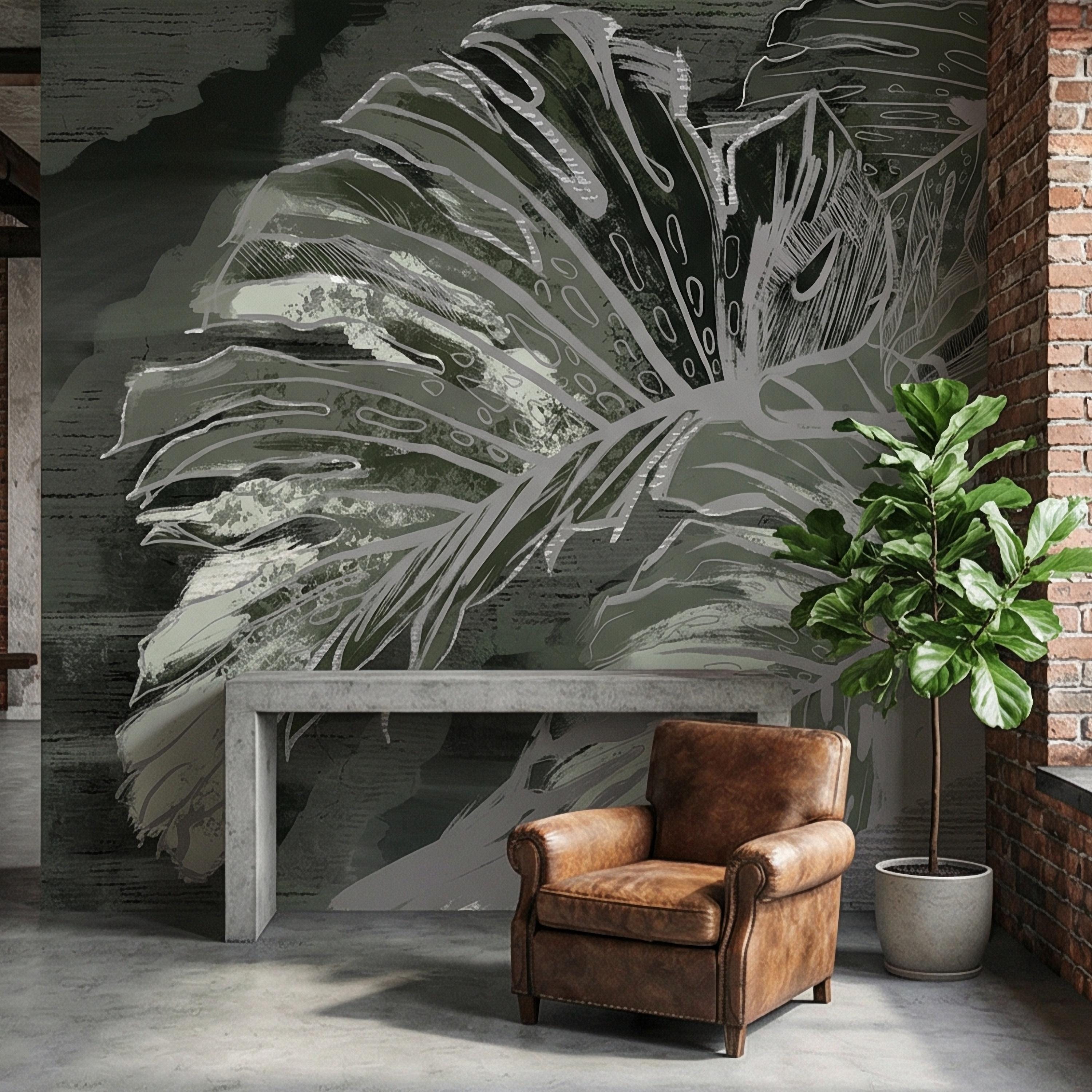 Abstract Tropical Monstera Leaf Peel and Stick Wall Mural, Moody Sage Green Botanical, Dark Charcoal Painterly Modern Tropical Wallpaper