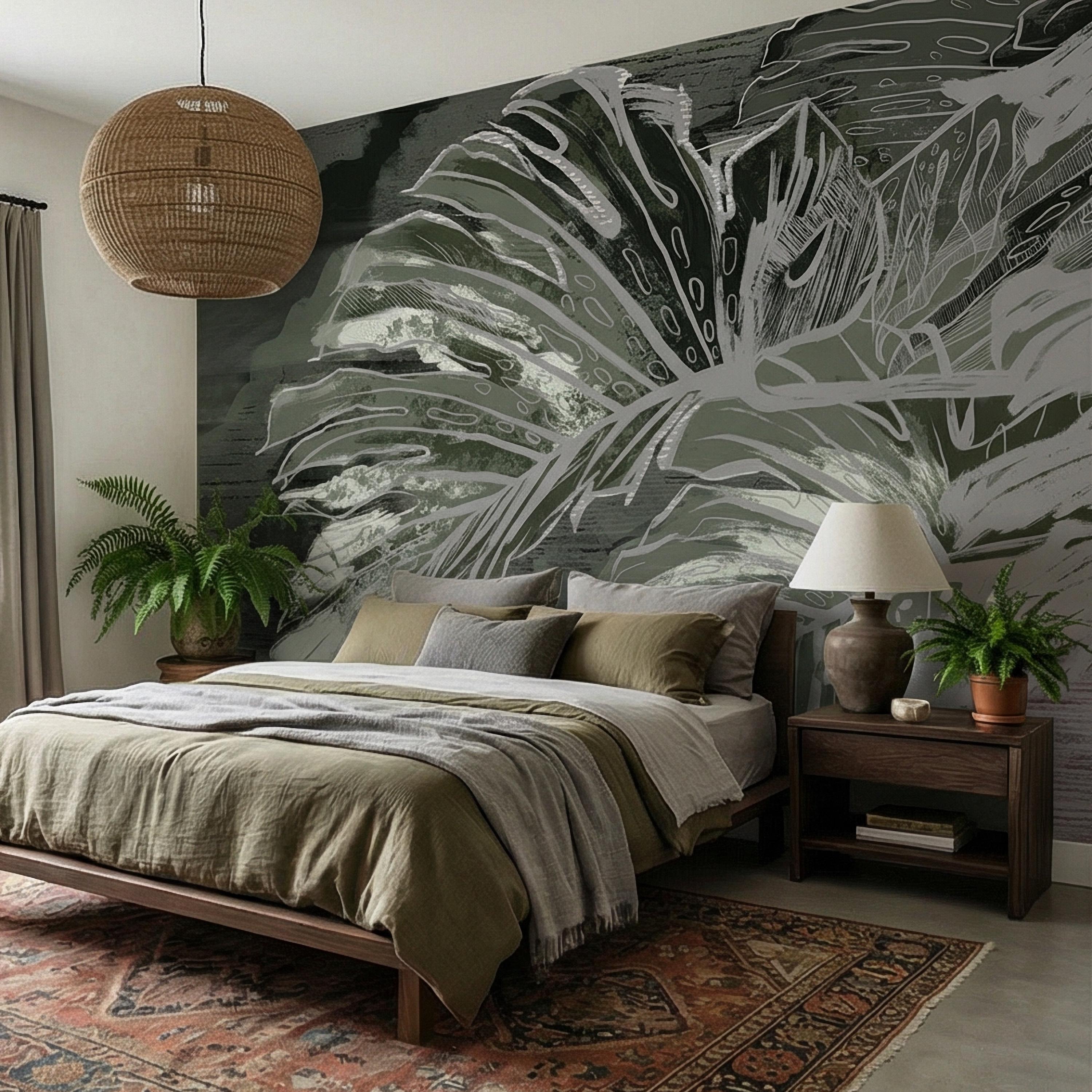 Abstract Tropical Monstera Leaf Peel and Stick Wall Mural, Moody Sage Green Botanical, Dark Charcoal Painterly Modern Tropical Wallpaper