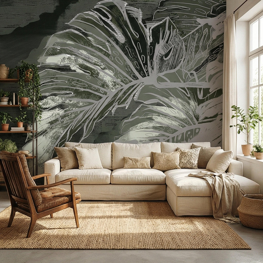 Abstract Tropical Monstera Leaf Peel and Stick Wall Mural, Moody Sage Green Botanical, Dark Charcoal Painterly Modern Tropical Wallpaper