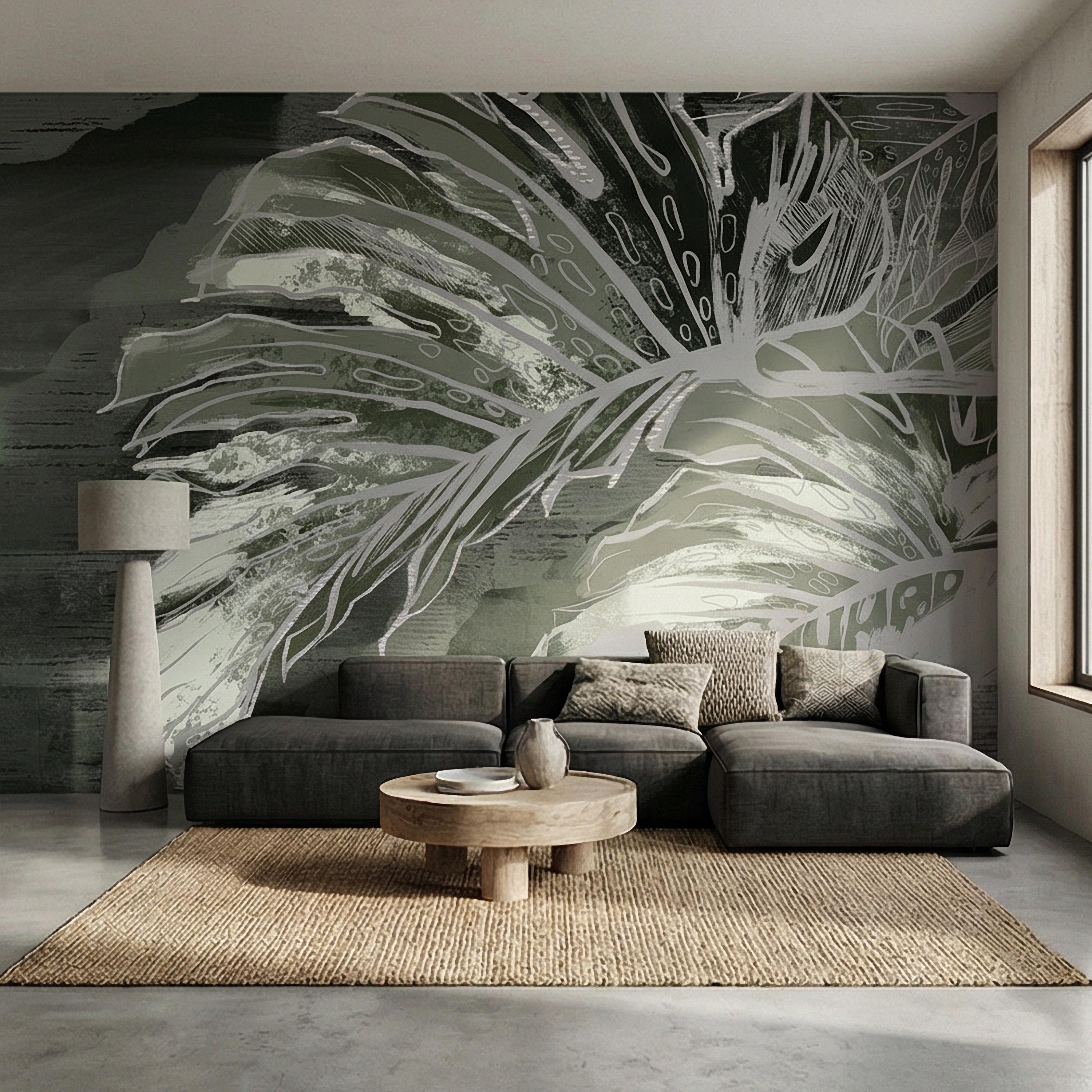 Abstract Tropical Monstera Leaf Peel and Stick Wall Mural, Moody Sage Green Botanical, Dark Charcoal Painterly Modern Tropical Wallpaper