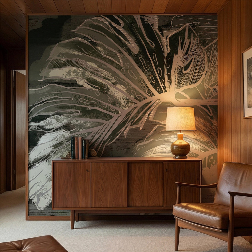 Abstract Tropical Monstera Leaf Peel and Stick Wall Mural, Moody Sage Green Botanical, Dark Charcoal Painterly Modern Tropical Wallpaper