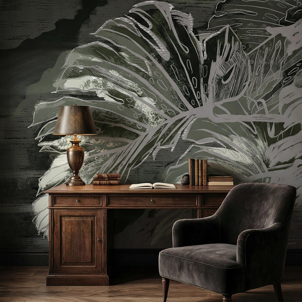 Abstract Tropical Monstera Leaf Peel and Stick Wall Mural, Moody Sage Green Botanical, Dark Charcoal Painterly Modern Tropical Wallpaper
