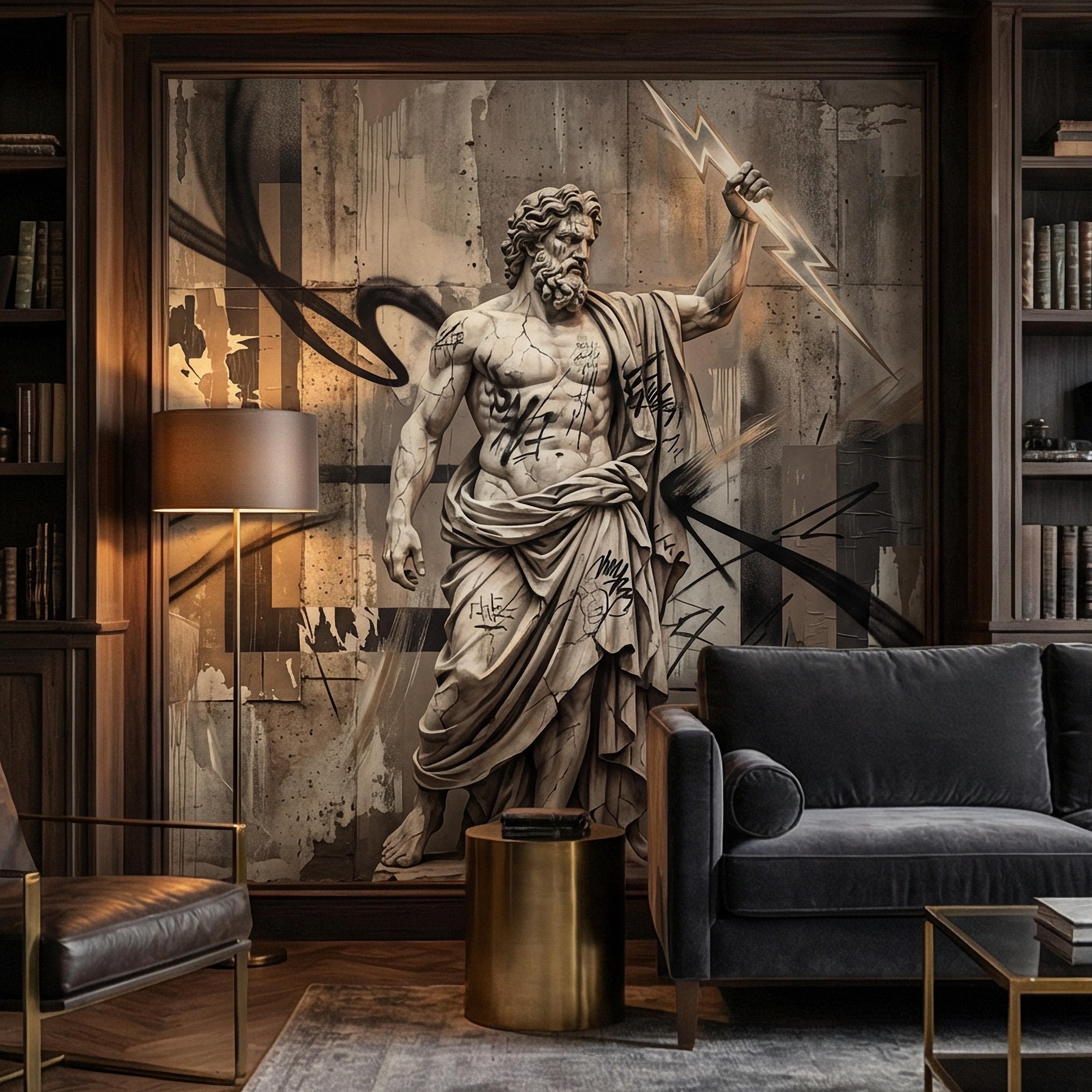 Zeus Statue Peel and Stick Wall Mural, Urban Graffiti Greek God, Concrete Wall, Lightning Bolt, Modern Mythology Street Art Wallpaper