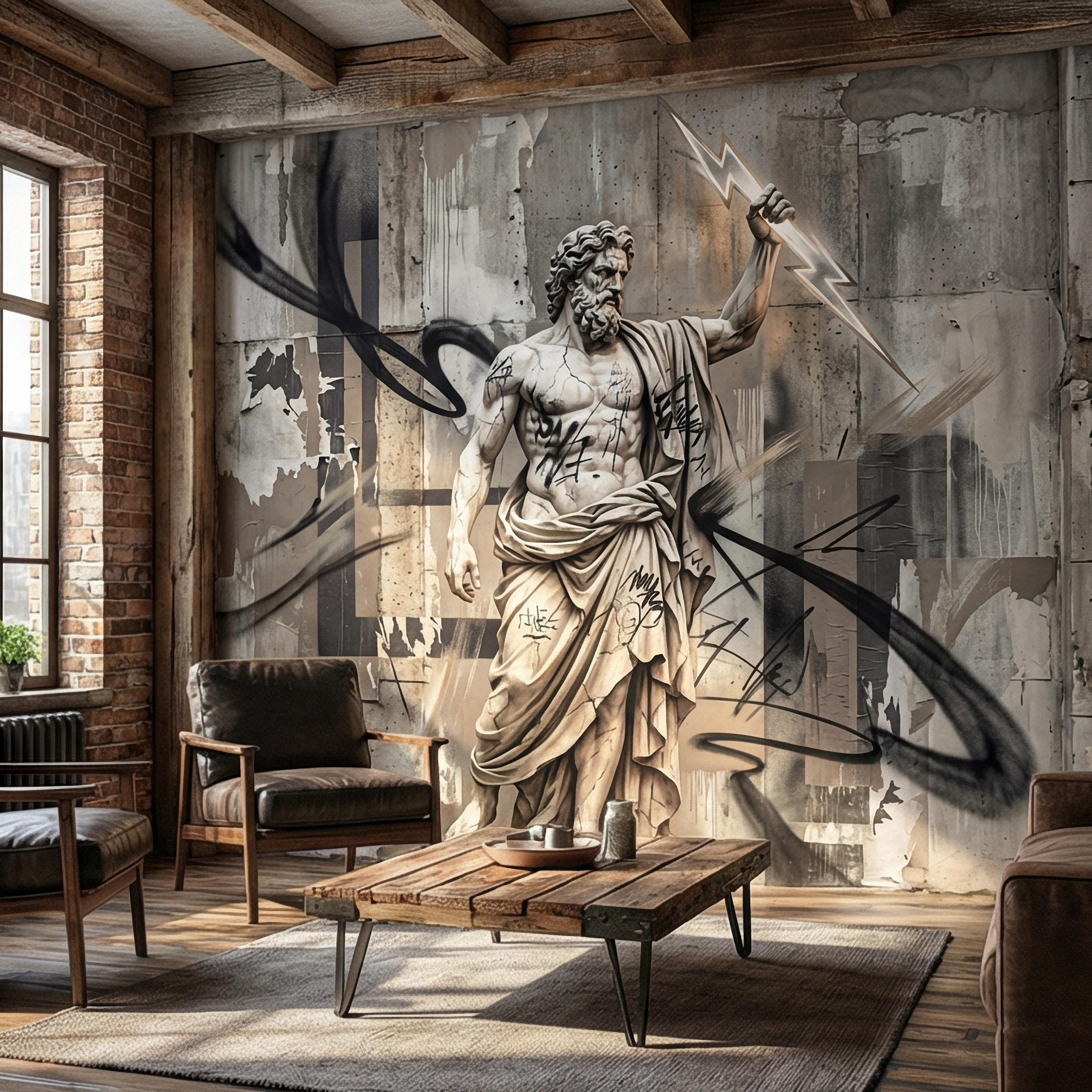 Zeus Statue Peel and Stick Wall Mural, Urban Graffiti Greek God, Concrete Wall, Lightning Bolt, Modern Mythology Street Art Wallpaper