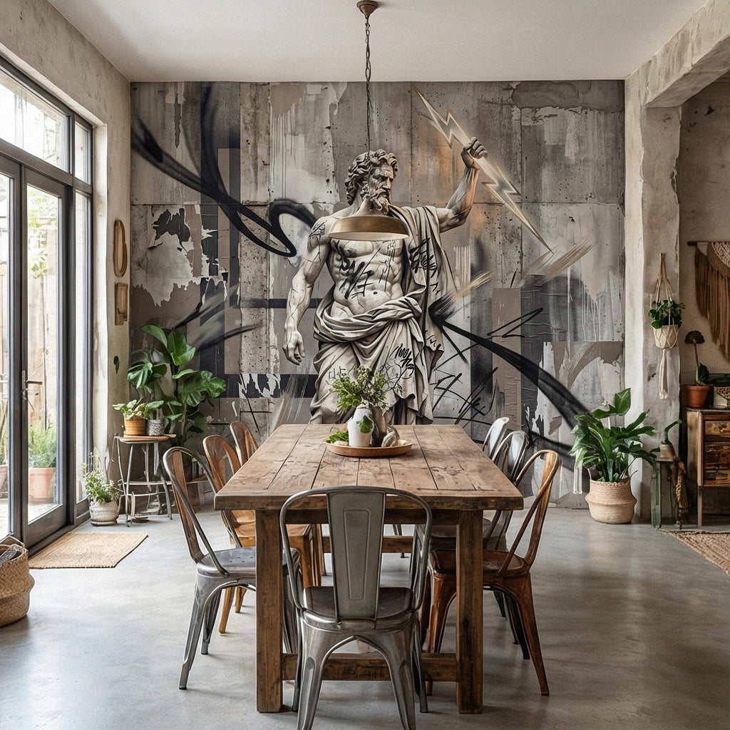 Zeus Statue Peel and Stick Wall Mural, Urban Graffiti Greek God, Concrete Wall, Lightning Bolt, Modern Mythology Street Art Wallpaper