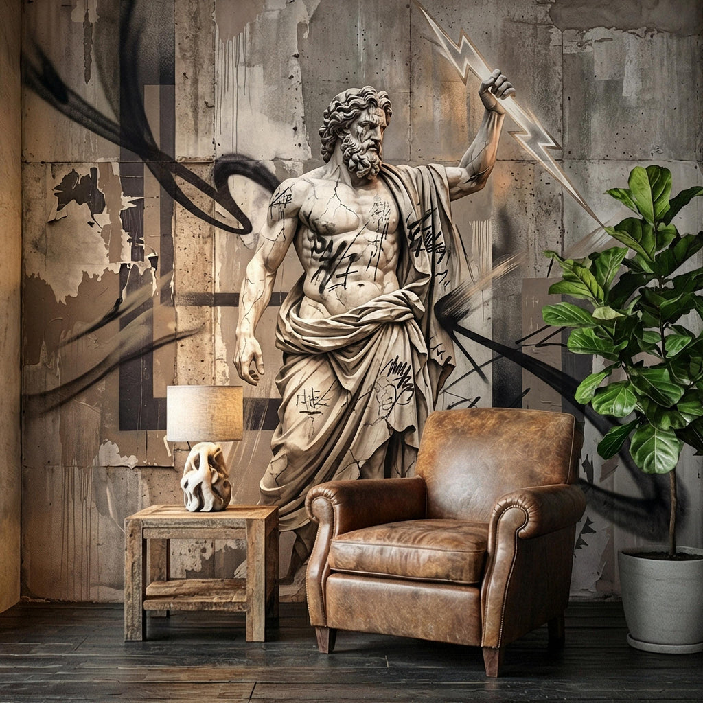 Zeus Statue Peel and Stick Wall Mural, Urban Graffiti Greek God, Concrete Wall, Lightning Bolt, Modern Mythology Street Art Wallpaper