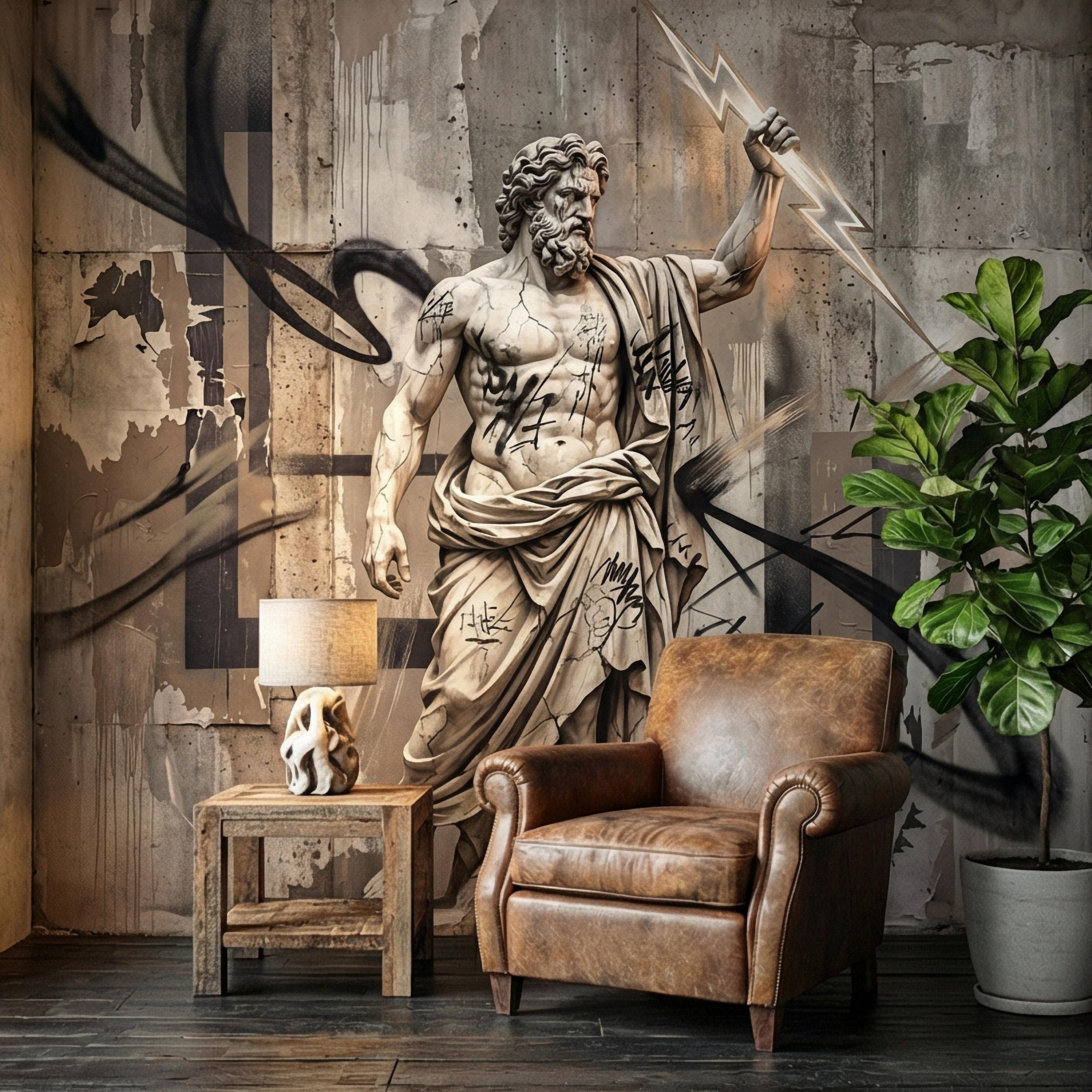 Zeus Statue Peel and Stick Wall Mural, Urban Graffiti Greek God, Concrete Wall, Lightning Bolt, Modern Mythology Street Art Wallpaper