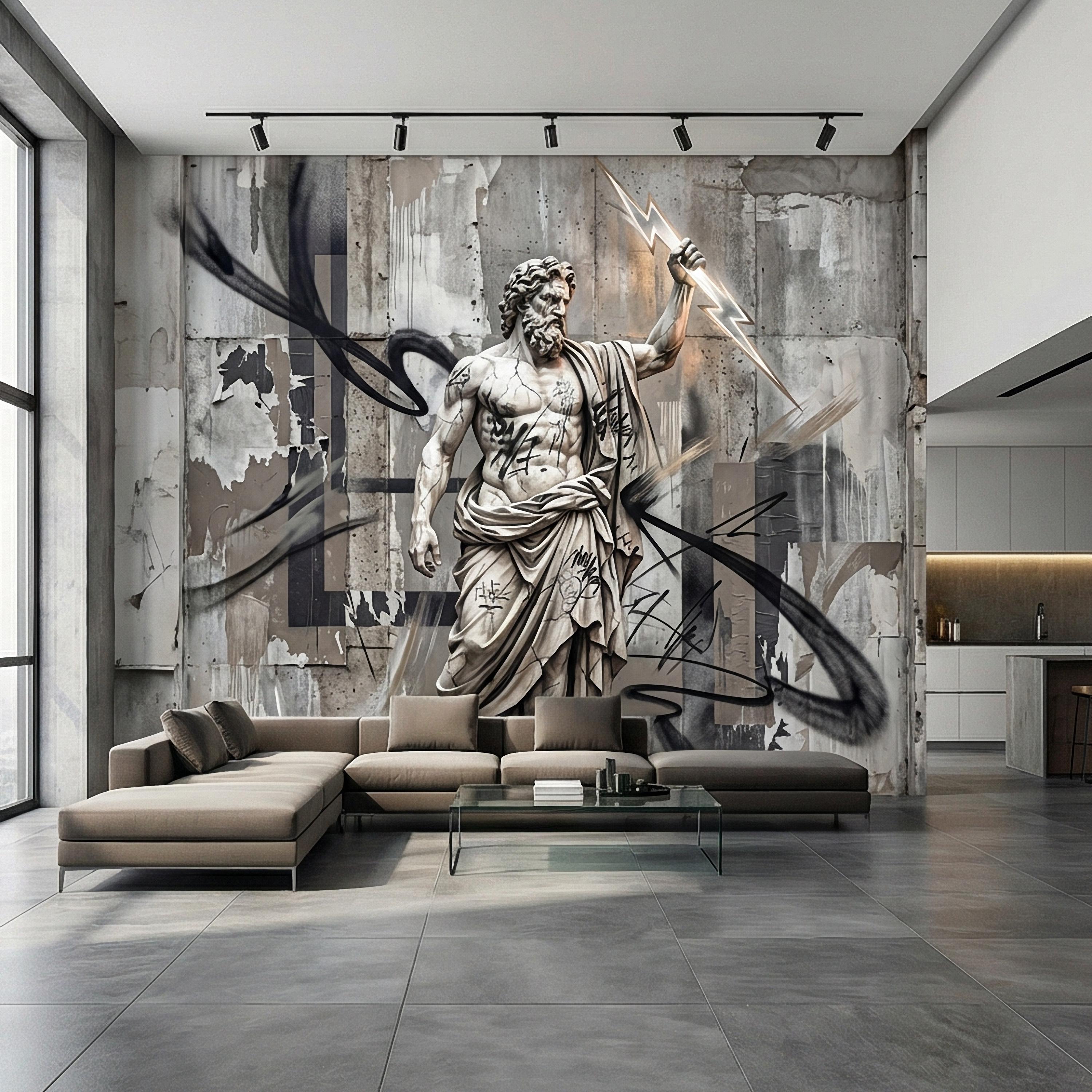 Zeus Statue Peel and Stick Wall Mural, Urban Graffiti Greek God, Concrete Wall, Lightning Bolt, Modern Mythology Street Art Wallpaper