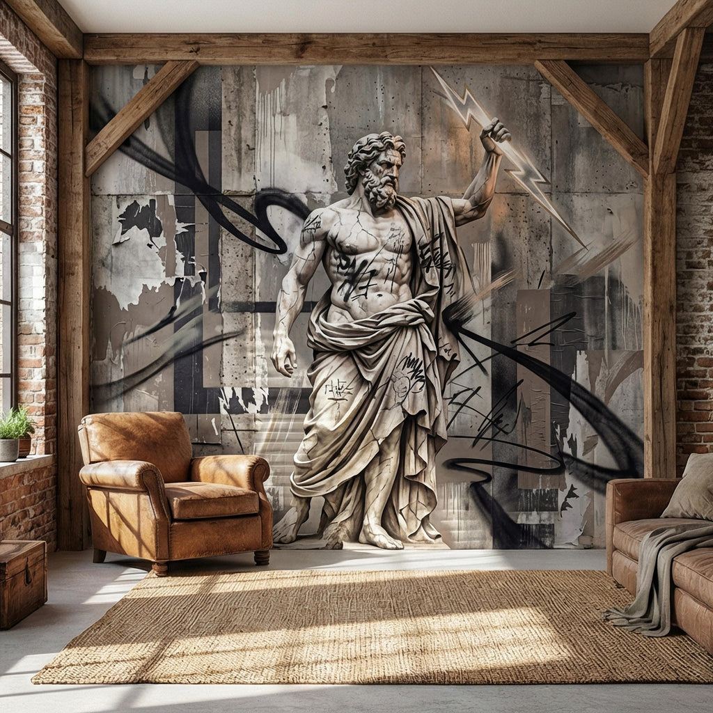 Zeus Statue Peel and Stick Wall Mural, Urban Graffiti Greek God, Concrete Wall, Lightning Bolt, Modern Mythology Street Art Wallpaper