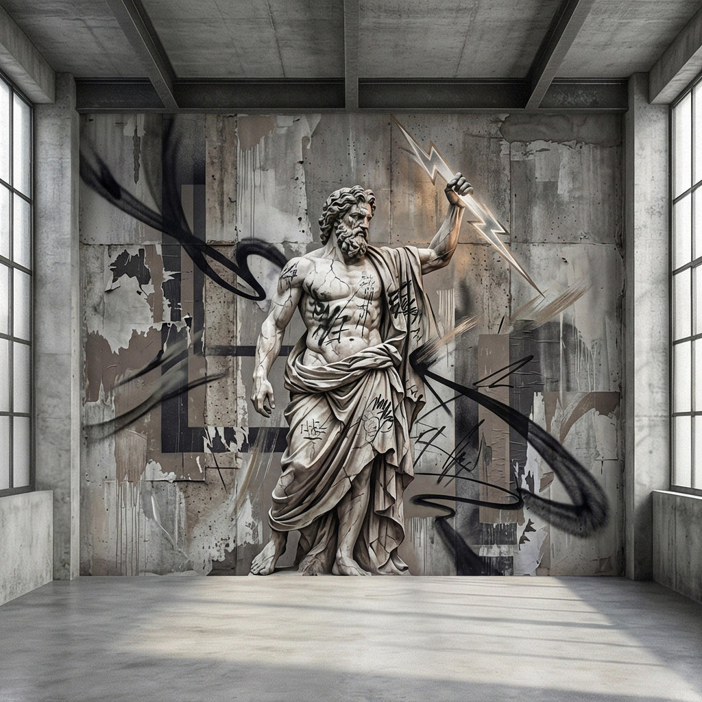Zeus Statue Peel and Stick Wall Mural, Urban Graffiti Greek God, Concrete Wall, Lightning Bolt, Modern Mythology Street Art Wallpaper