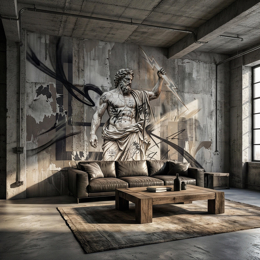 Zeus Statue Peel and Stick Wall Mural, Urban Graffiti Greek God, Concrete Wall, Lightning Bolt, Modern Mythology Street Art Wallpaper