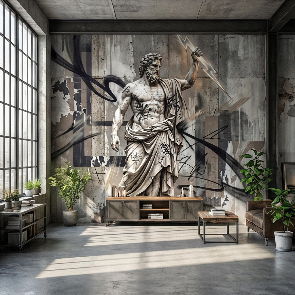Zeus Statue Peel and Stick Wall Mural, Urban Graffiti Greek God, Concrete Wall, Lightning Bolt, Modern Mythology Street Art Wallpaper