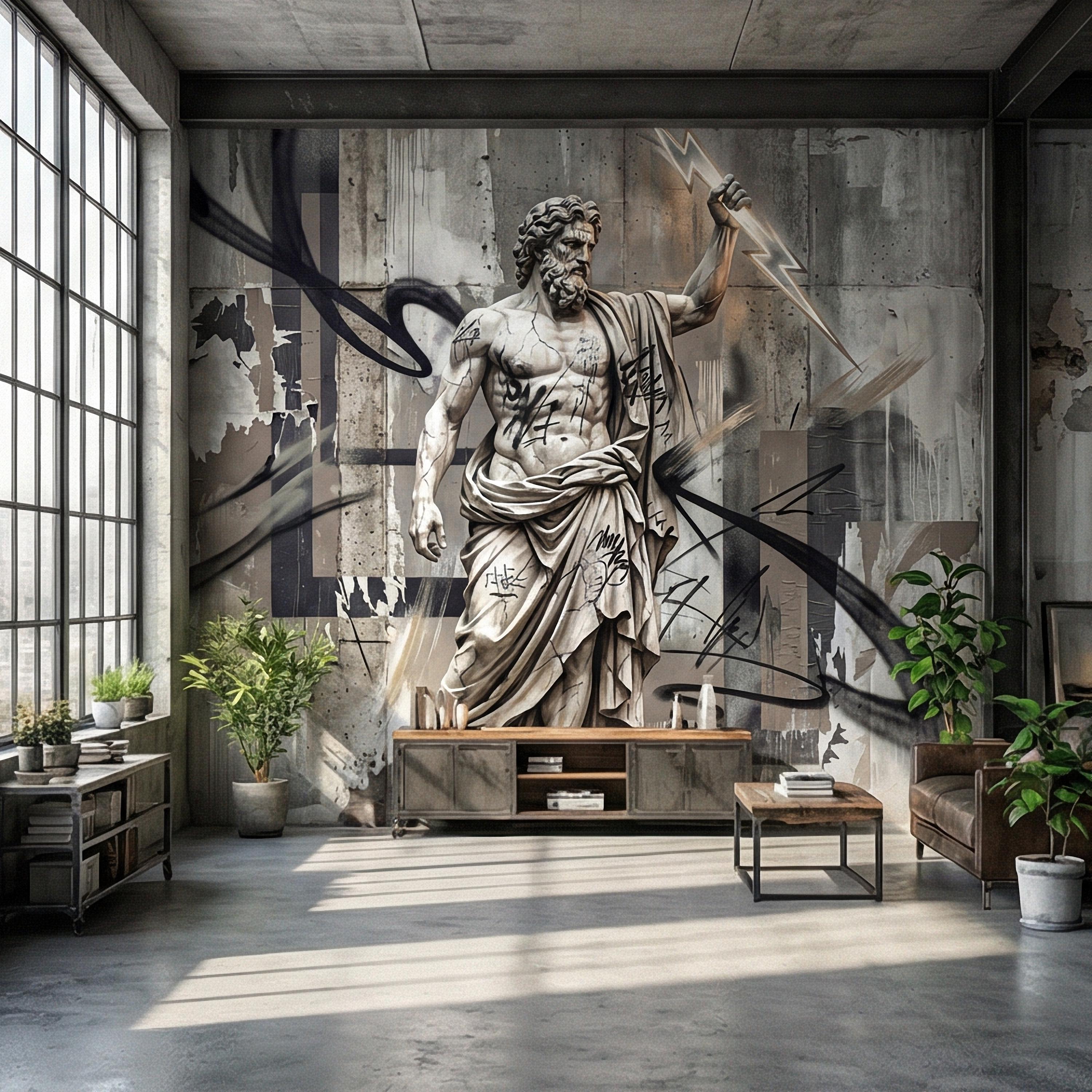Zeus Statue Peel and Stick Wall Mural, Urban Graffiti Greek God, Concrete Wall, Lightning Bolt, Modern Mythology Street Art Wallpaper