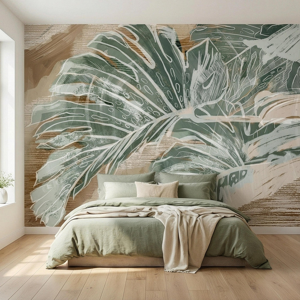 Abstract Tropical Leaf Peel and Stick Wall Mural, Sage Green Monstera Line Art, Neutral Beige Botanical Modern Wallpaper