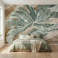 Abstract Tropical Leaf Peel and Stick Wall Mural, Sage Green Monstera Line Art, Neutral Beige Botanical Modern Wallpaper