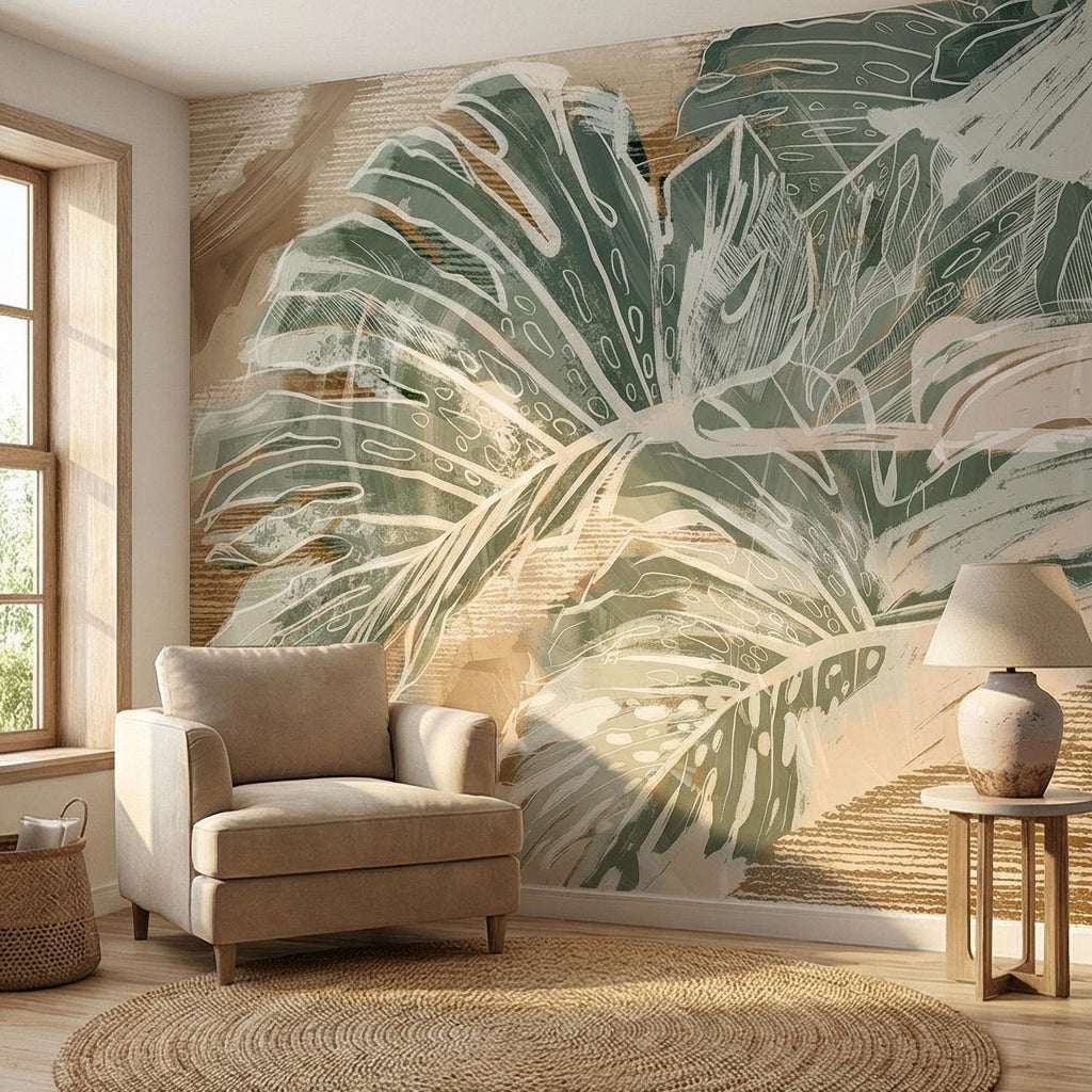 Abstract Tropical Leaf Peel and Stick Wall Mural, Sage Green Monstera Line Art, Neutral Beige Botanical Modern Wallpaper