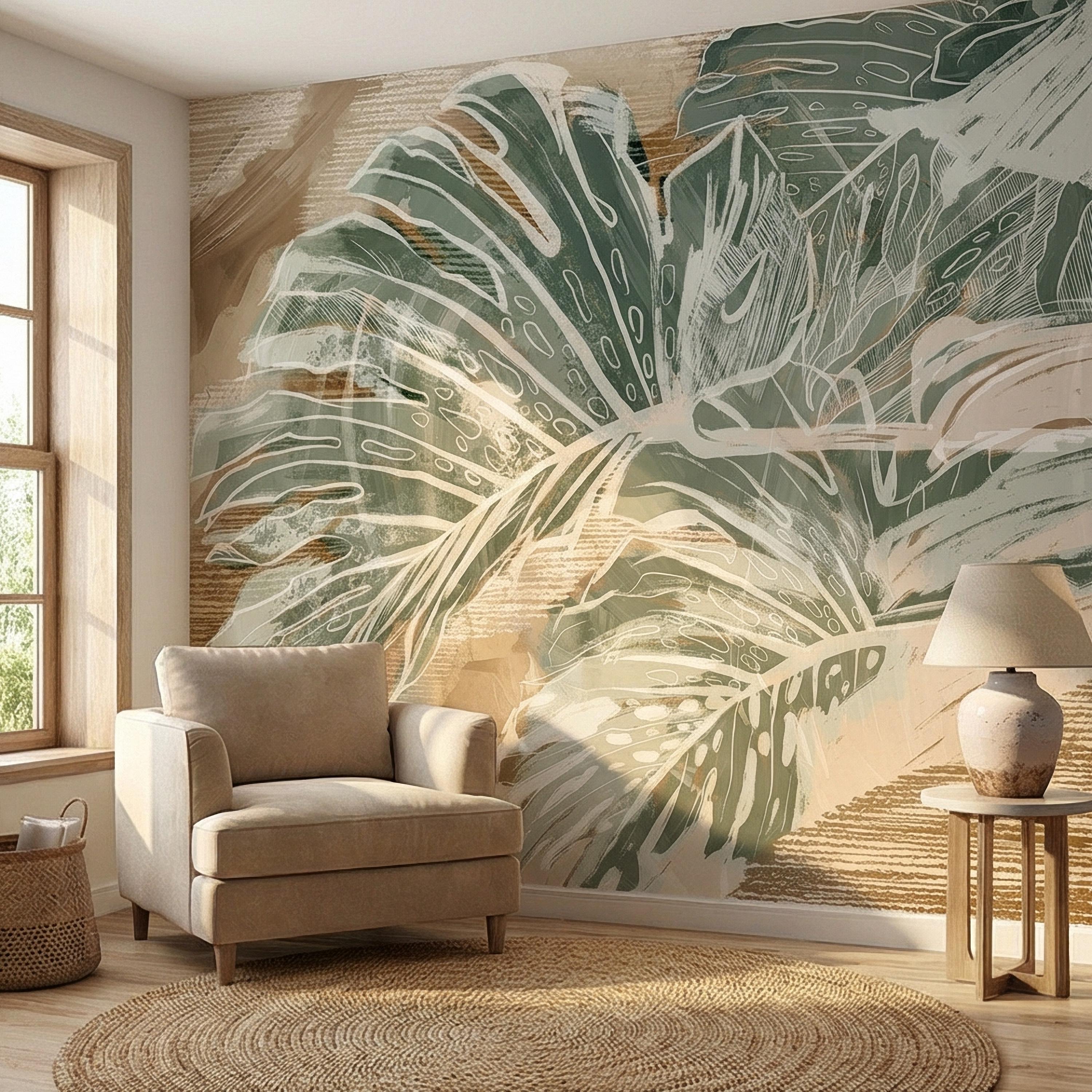 Abstract Tropical Leaf Peel and Stick Wall Mural, Sage Green Monstera Line Art, Neutral Beige Botanical Modern Wallpaper
