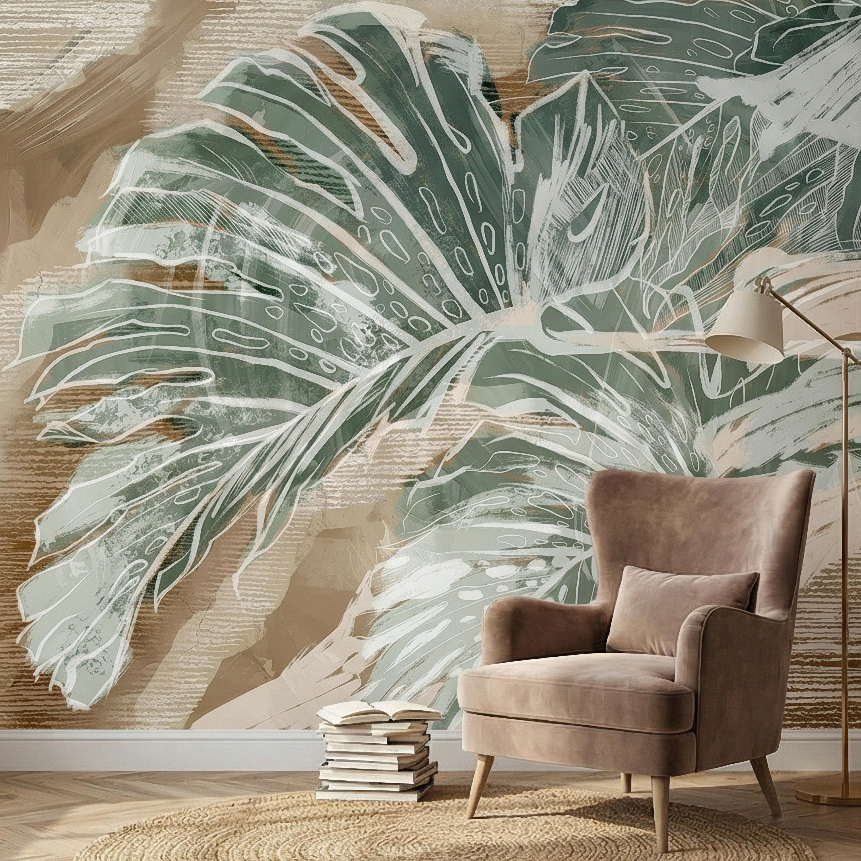 Abstract Tropical Leaf Peel and Stick Wall Mural, Sage Green Monstera Line Art, Neutral Beige Botanical Modern Wallpaper
