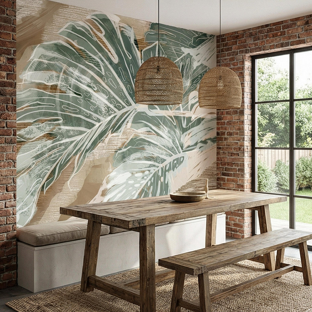 Abstract Tropical Leaf Peel and Stick Wall Mural, Sage Green Monstera Line Art, Neutral Beige Botanical Modern Wallpaper