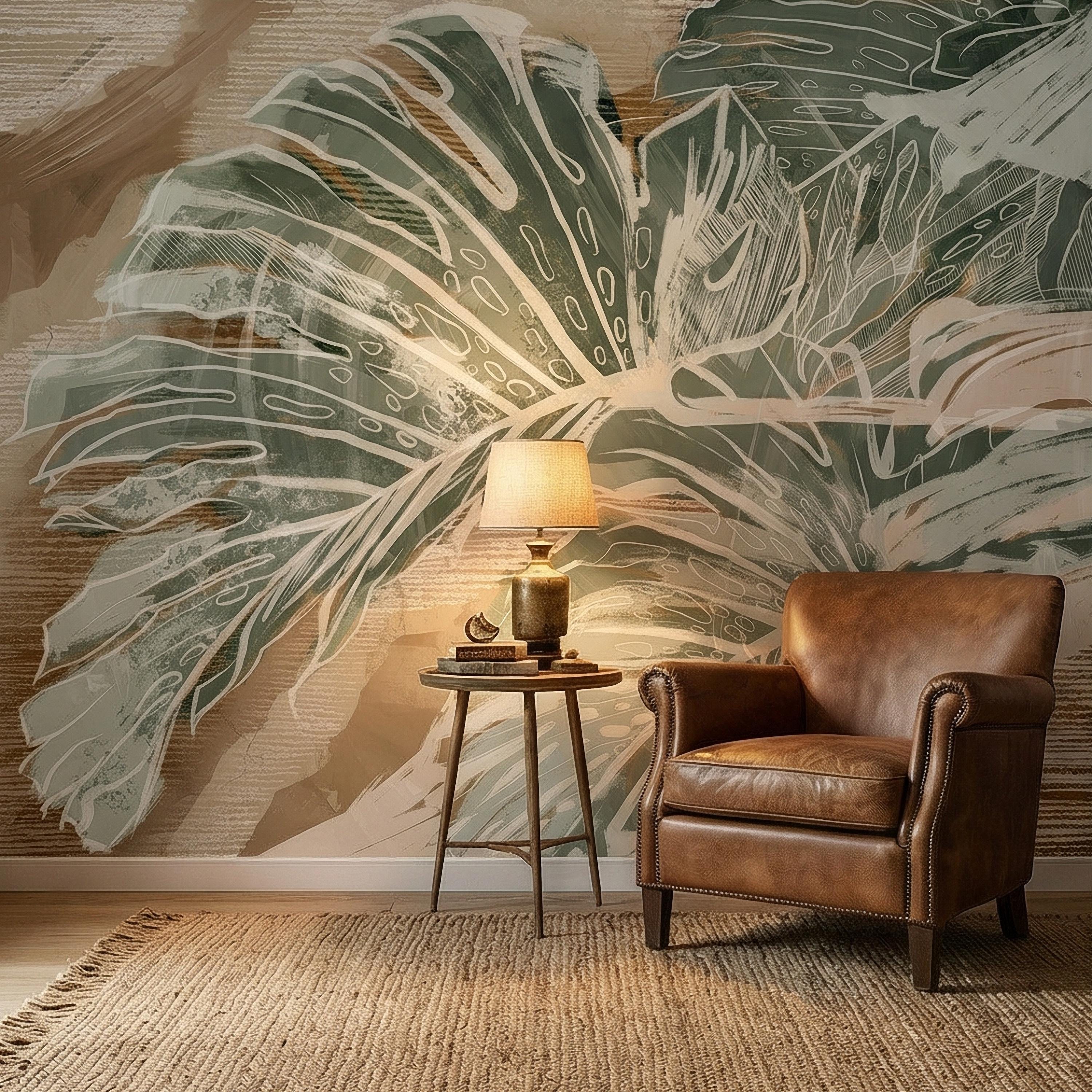Abstract Tropical Leaf Peel and Stick Wall Mural, Sage Green Monstera Line Art, Neutral Beige Botanical Modern Wallpaper