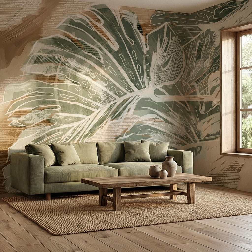 Abstract Tropical Leaf Peel and Stick Wall Mural, Sage Green Monstera Line Art, Neutral Beige Botanical Modern Wallpaper