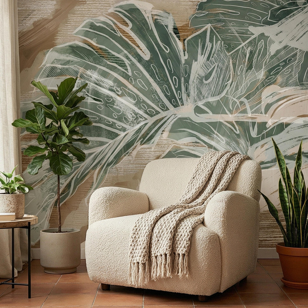 Abstract Tropical Leaf Peel and Stick Wall Mural, Sage Green Monstera Line Art, Neutral Beige Botanical Modern Wallpaper