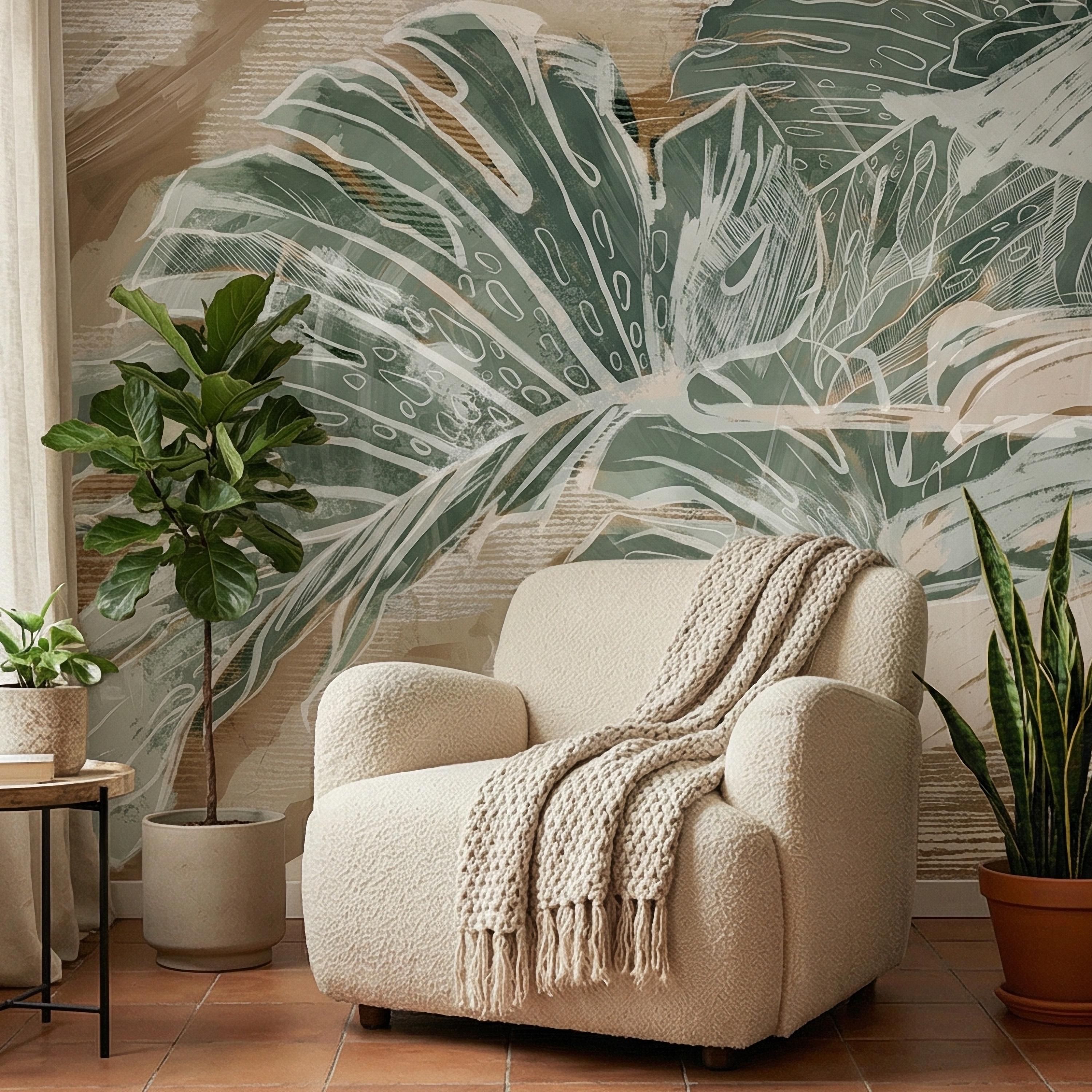 Abstract Tropical Leaf Peel and Stick Wall Mural, Sage Green Monstera Line Art, Neutral Beige Botanical Modern Wallpaper