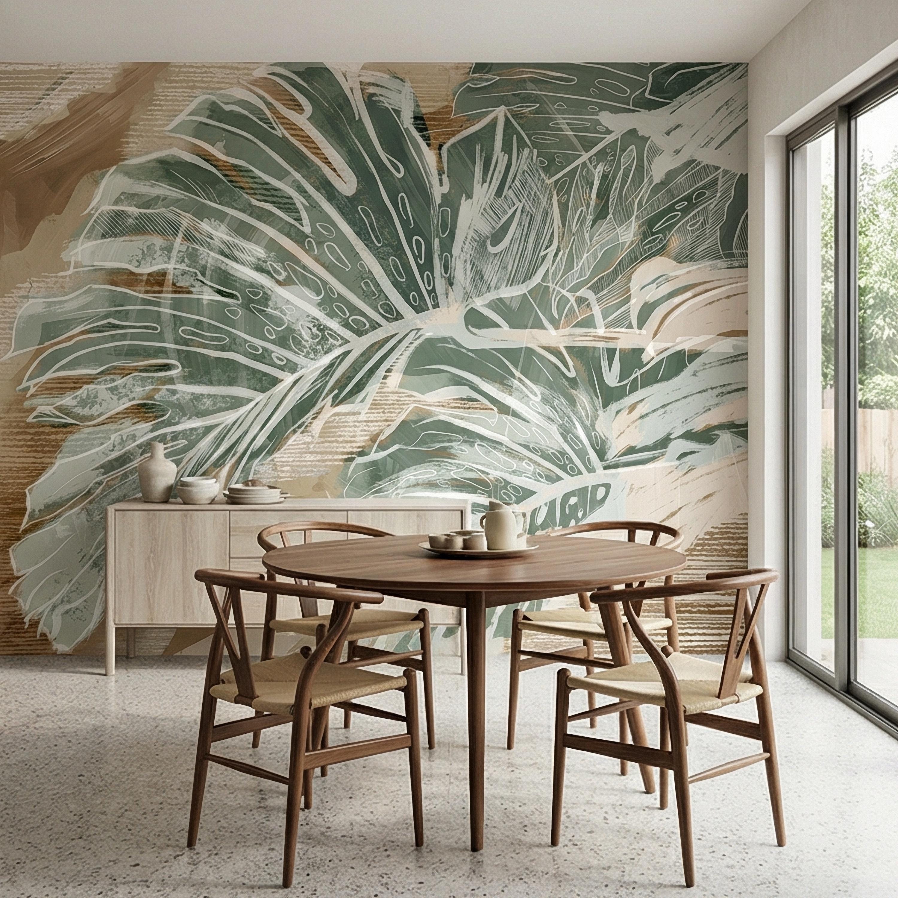 Abstract Tropical Leaf Peel and Stick Wall Mural, Sage Green Monstera Line Art, Neutral Beige Botanical Modern Wallpaper