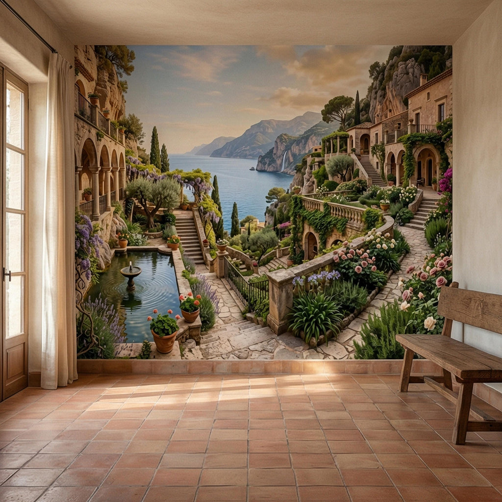 Amalfi Coast Cliffside Villa Peel and Stick Wall Mural, Mediterranean Terrace Garden Seascape, Italian Coastal Wallpaper