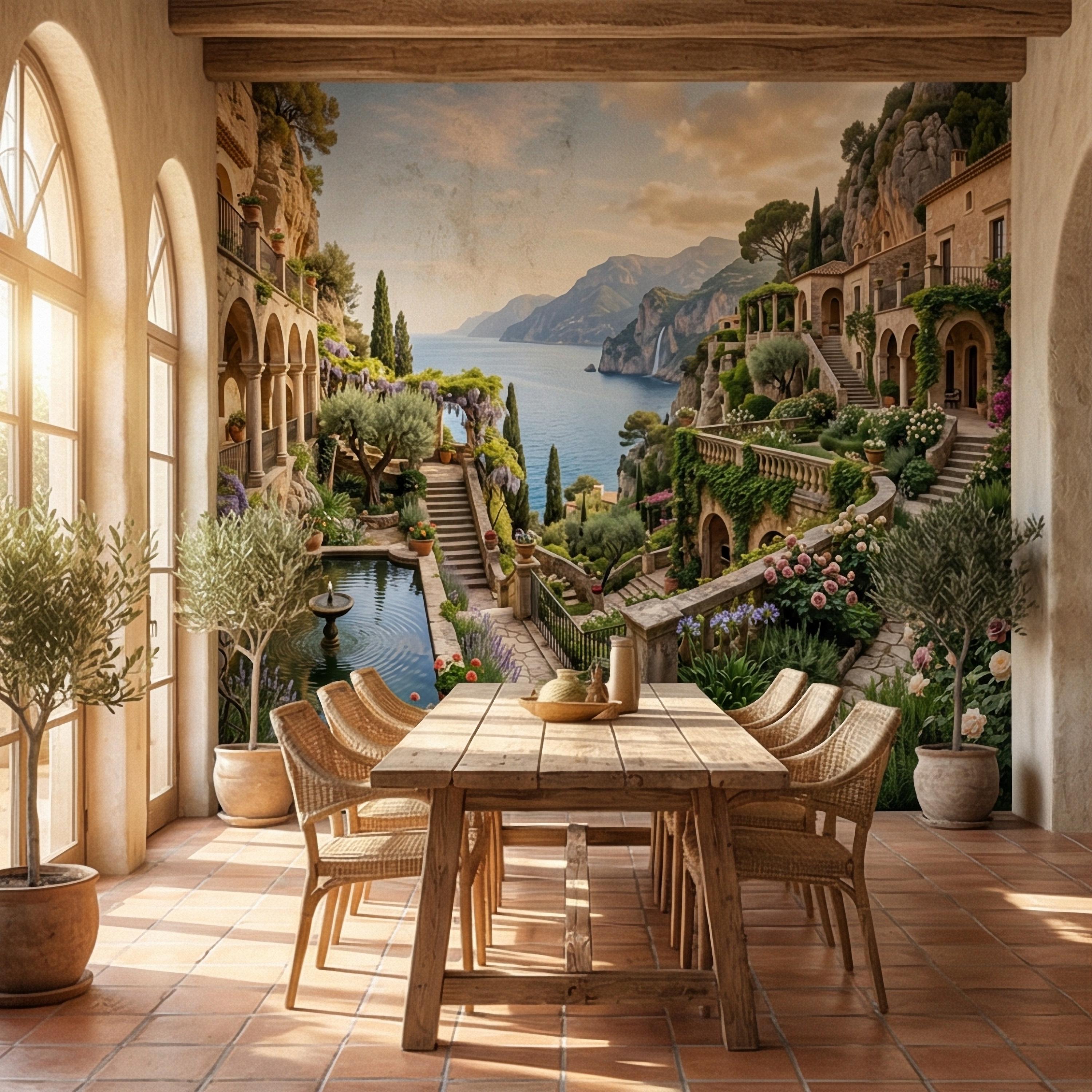 Amalfi Coast Cliffside Villa Peel and Stick Wall Mural, Mediterranean Terrace Garden Seascape, Italian Coastal Wallpaper