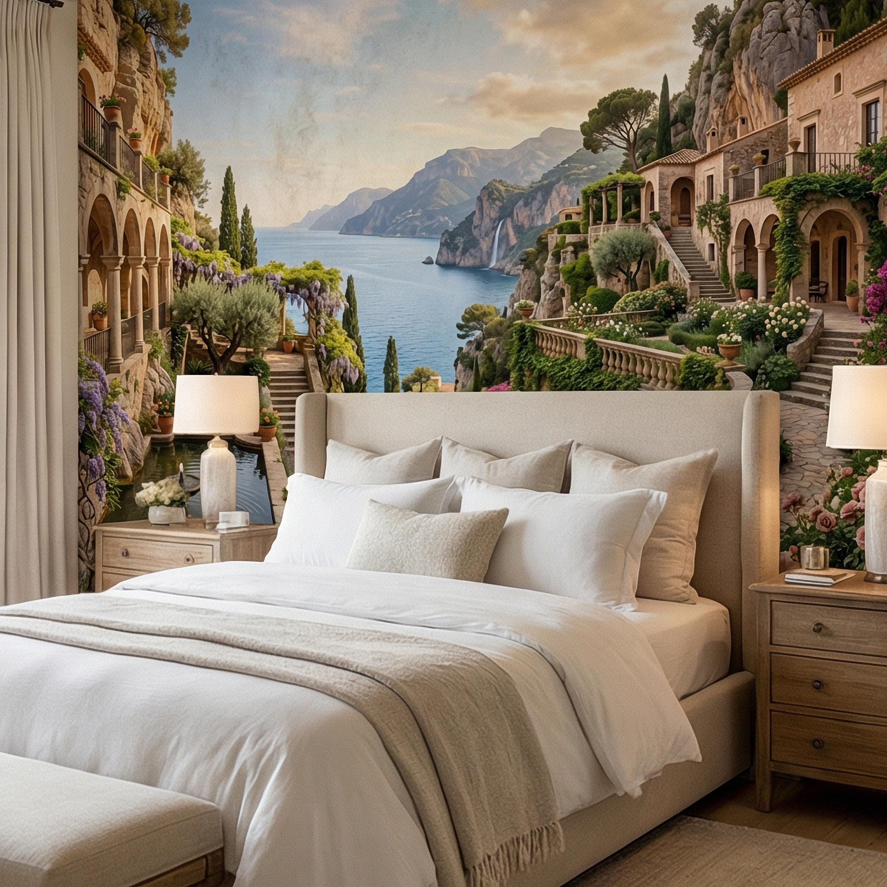 Amalfi Coast Cliffside Villa Peel and Stick Wall Mural, Mediterranean Terrace Garden Seascape, Italian Coastal Wallpaper