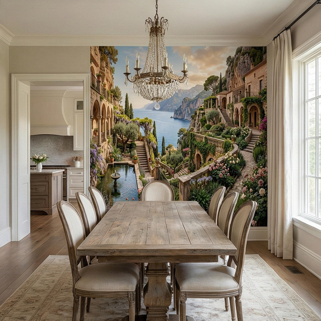 Amalfi Coast Cliffside Villa Peel and Stick Wall Mural, Mediterranean Terrace Garden Seascape, Italian Coastal Wallpaper