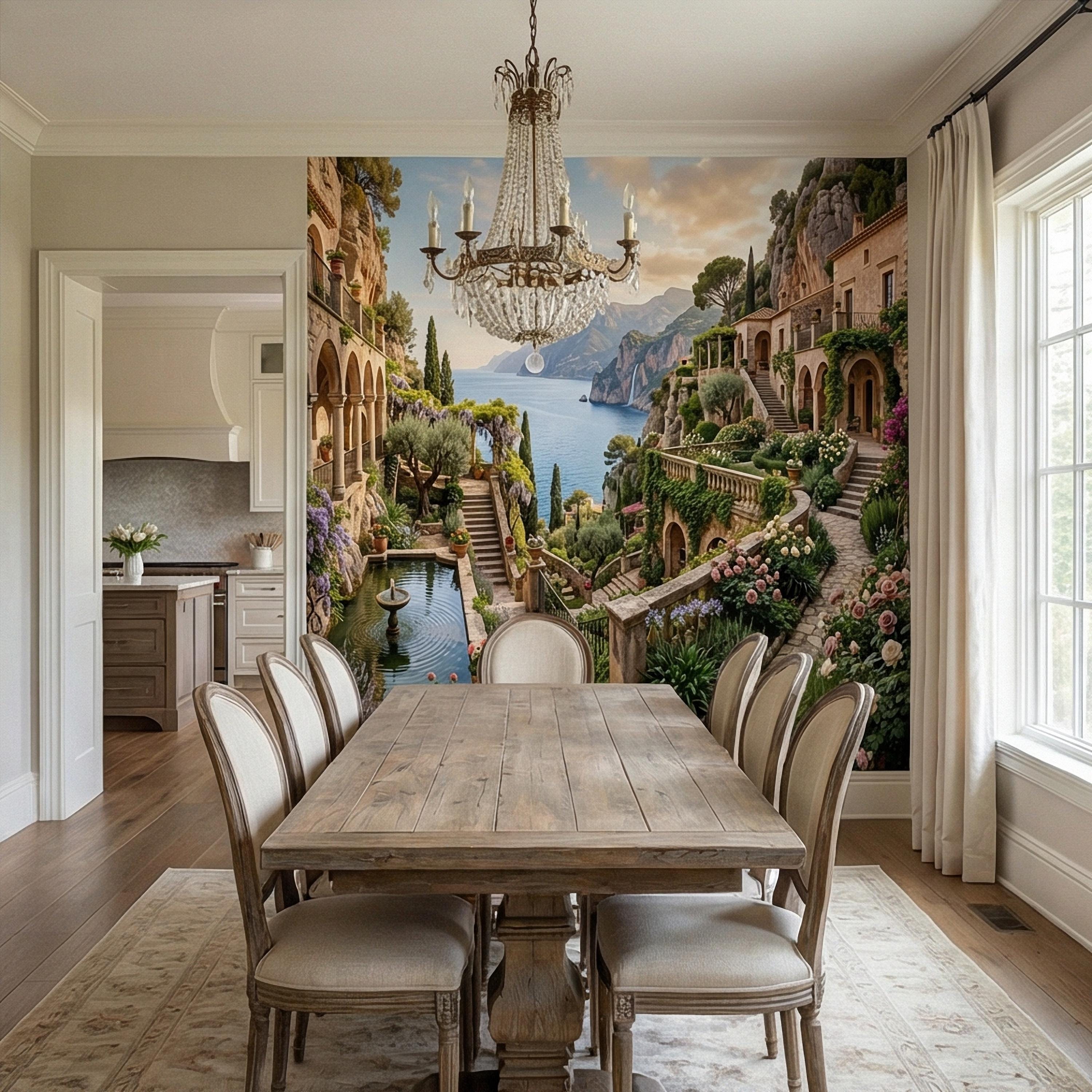 Amalfi Coast Cliffside Villa Peel and Stick Wall Mural, Mediterranean Terrace Garden Seascape, Italian Coastal Wallpaper