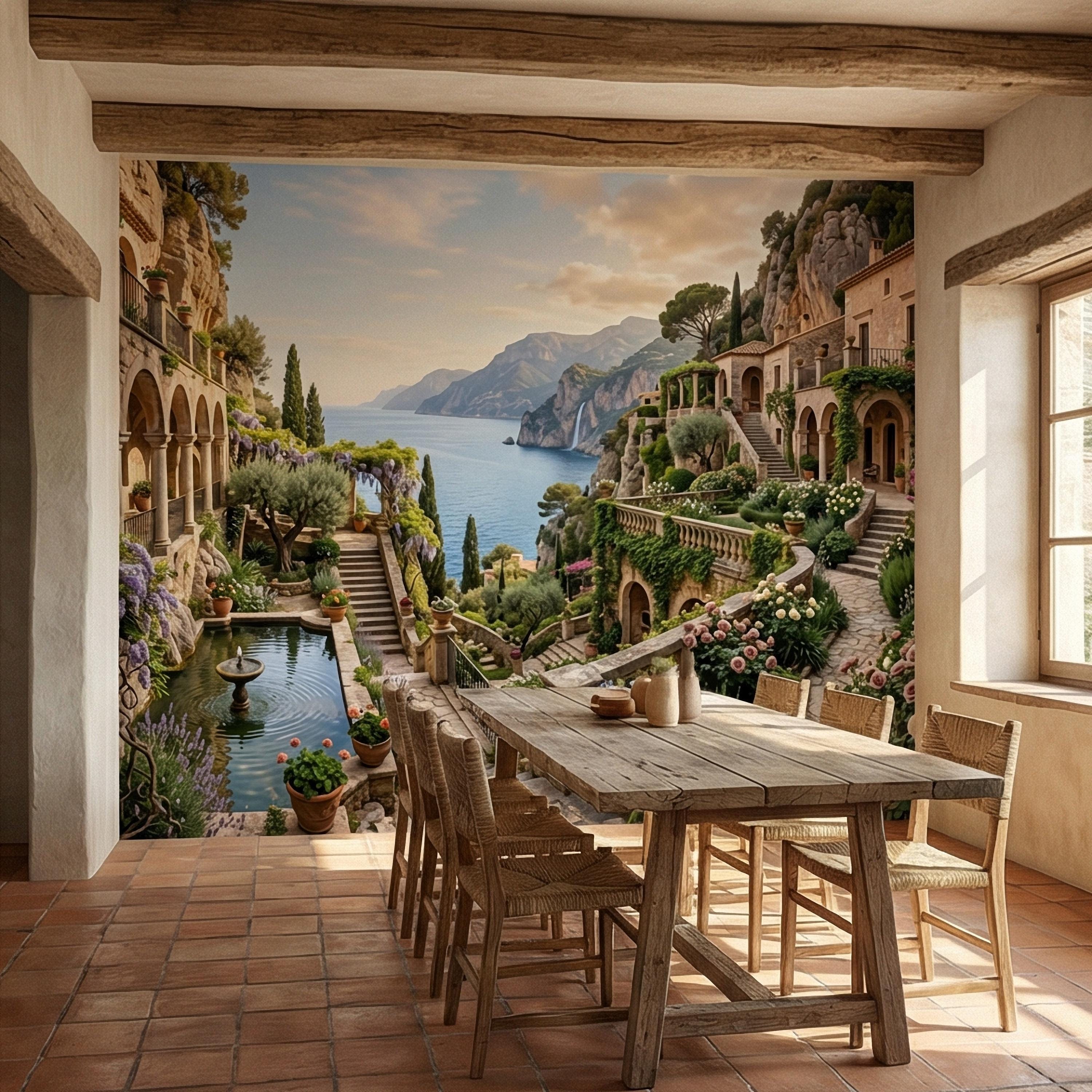 Amalfi Coast Cliffside Villa Peel and Stick Wall Mural, Mediterranean Terrace Garden Seascape, Italian Coastal Wallpaper