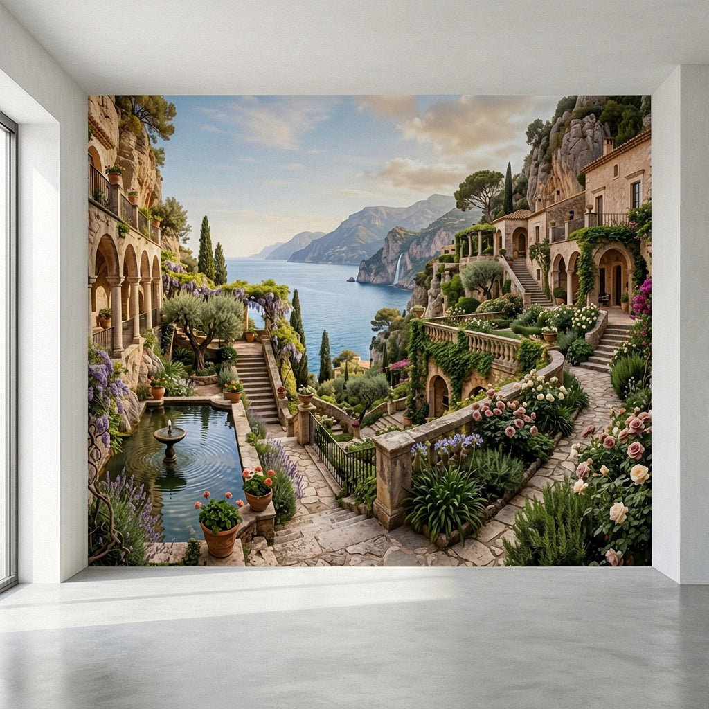Amalfi Coast Cliffside Villa Peel and Stick Wall Mural, Mediterranean Terrace Garden Seascape, Italian Coastal Wallpaper