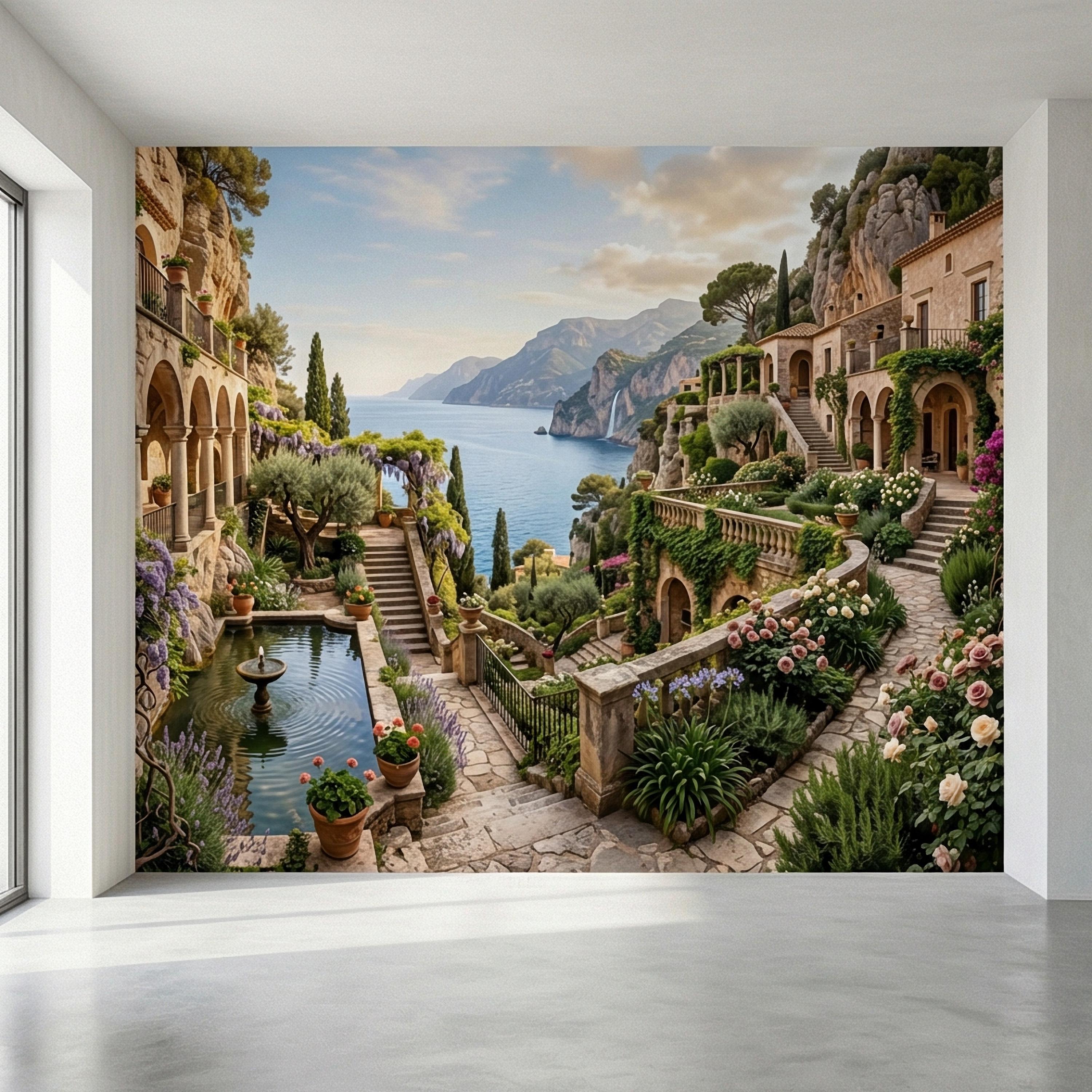 Amalfi Coast Cliffside Villa Peel and Stick Wall Mural, Mediterranean Terrace Garden Seascape, Italian Coastal Wallpaper