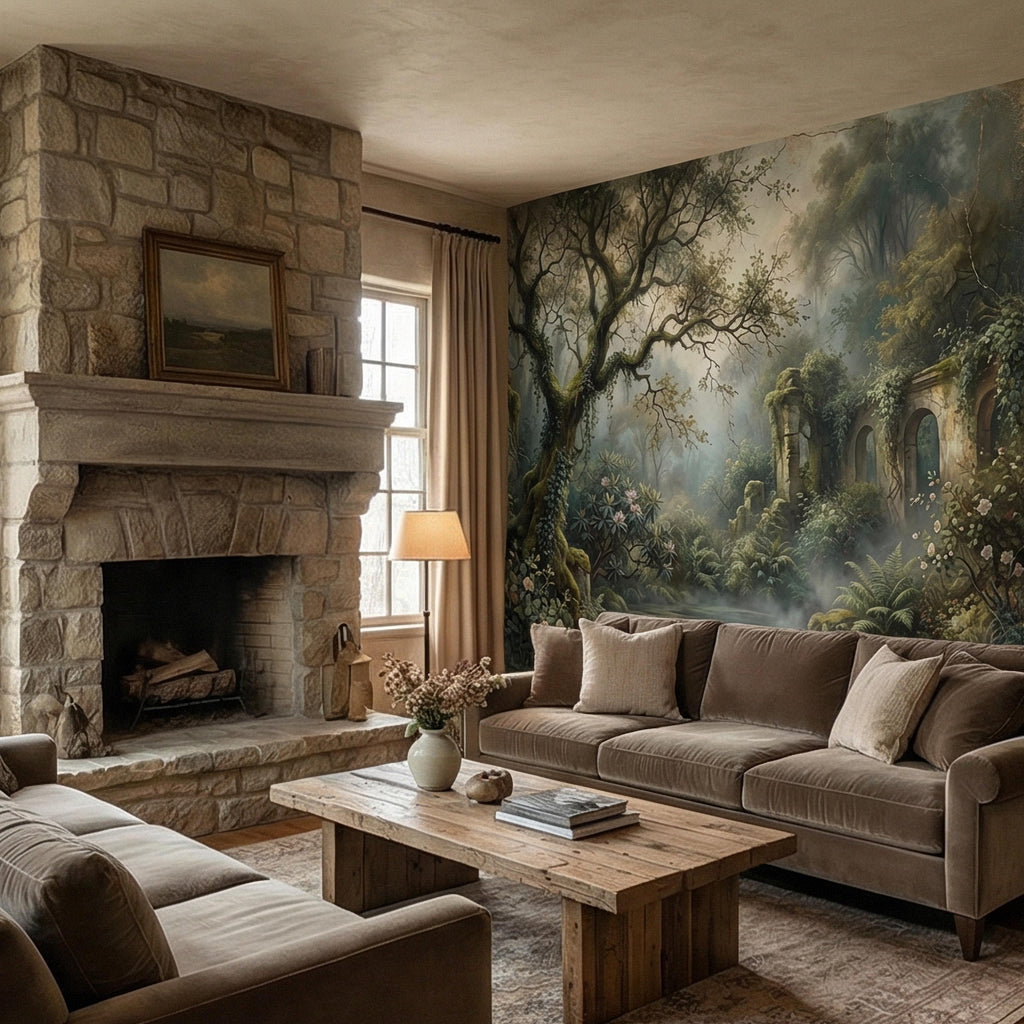 Misty Secret Garden Peel and Stick Wall Mural, Moody Woodland Ruins Landscape, Dark Academia Botanical Wallpaper